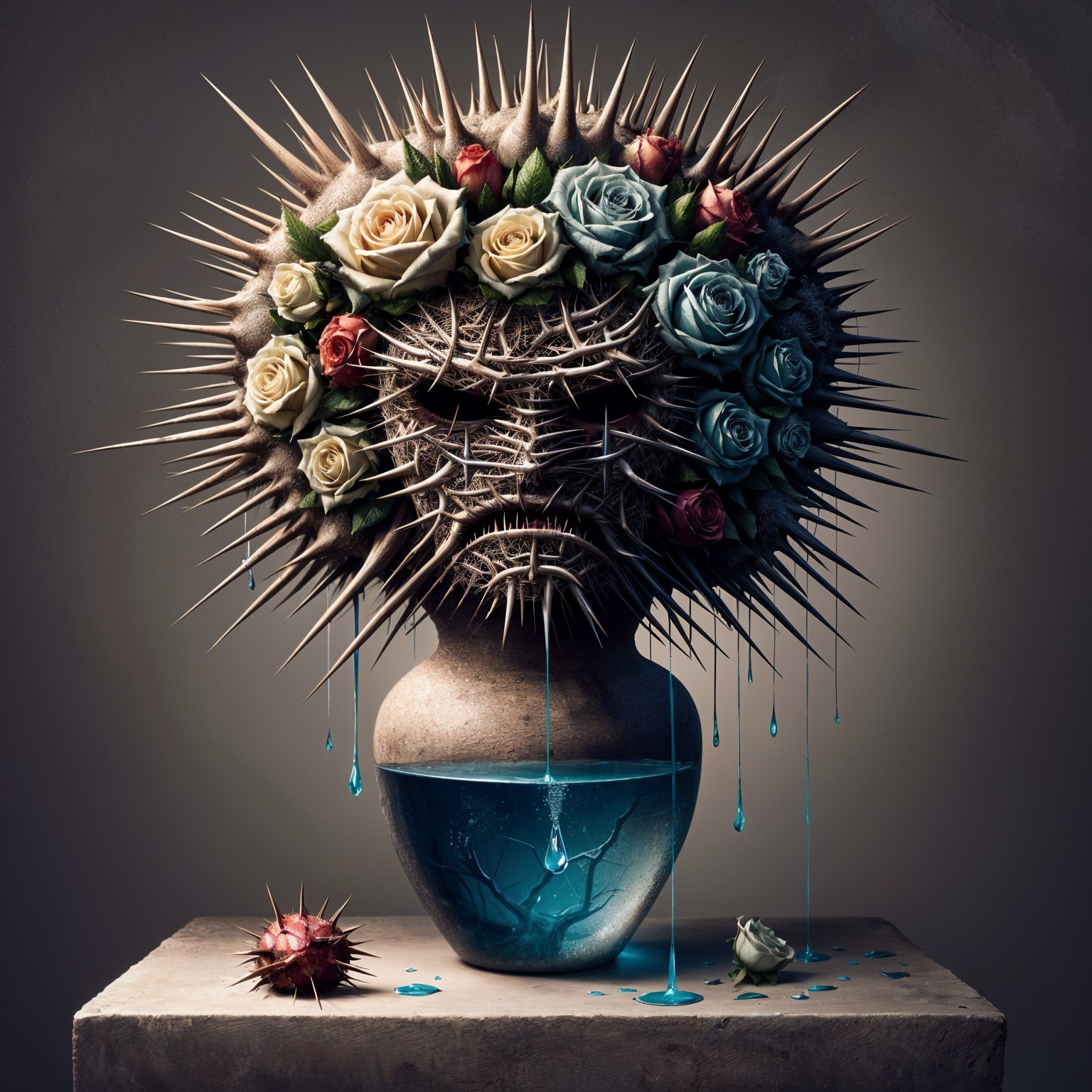 Sculpture of a crowned face with roses and thorns