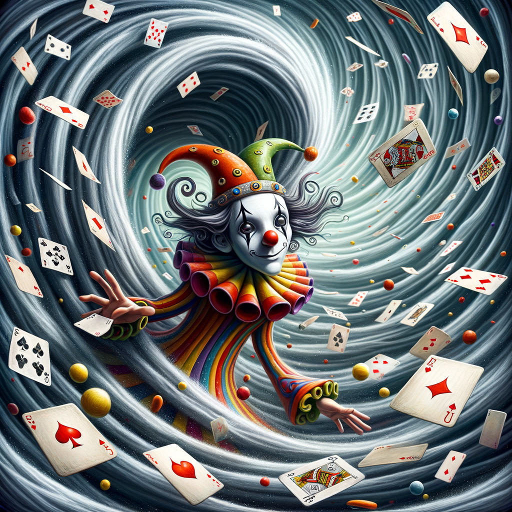 Whimsical clown with playing cards in a swirling vortex