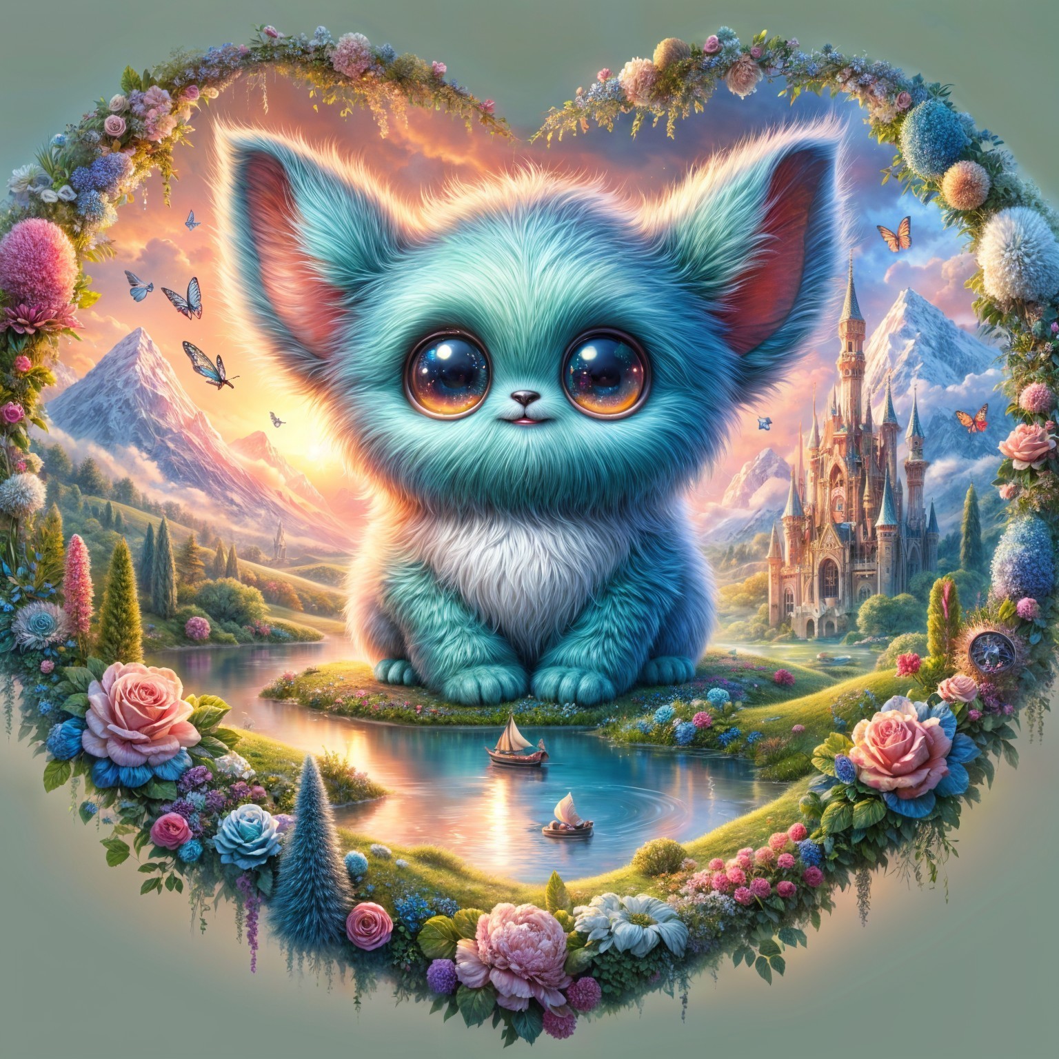 Fluffy Blue Kitten in Whimsical Floral Frame