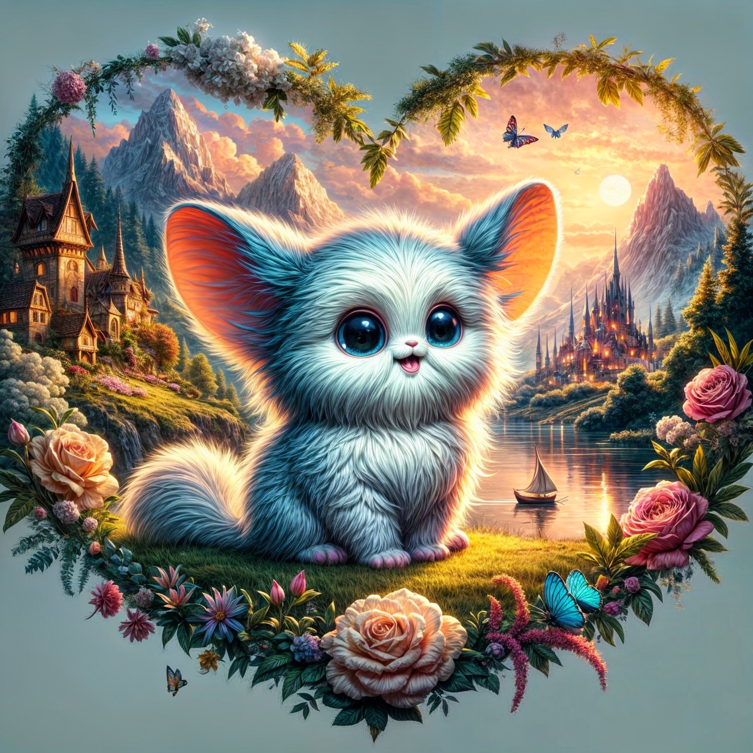 Fluffy Creature in Heart Frame with Scenic Background