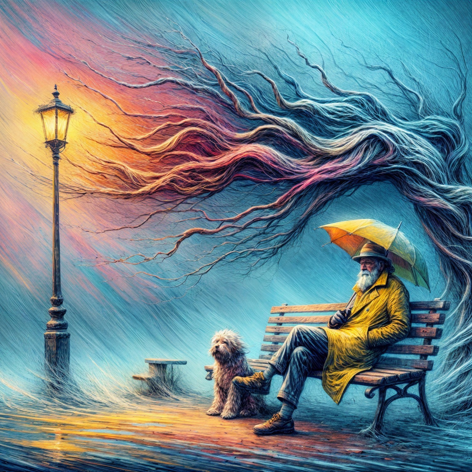 Elderly Man in Yellow Raincoat with Dog in Park