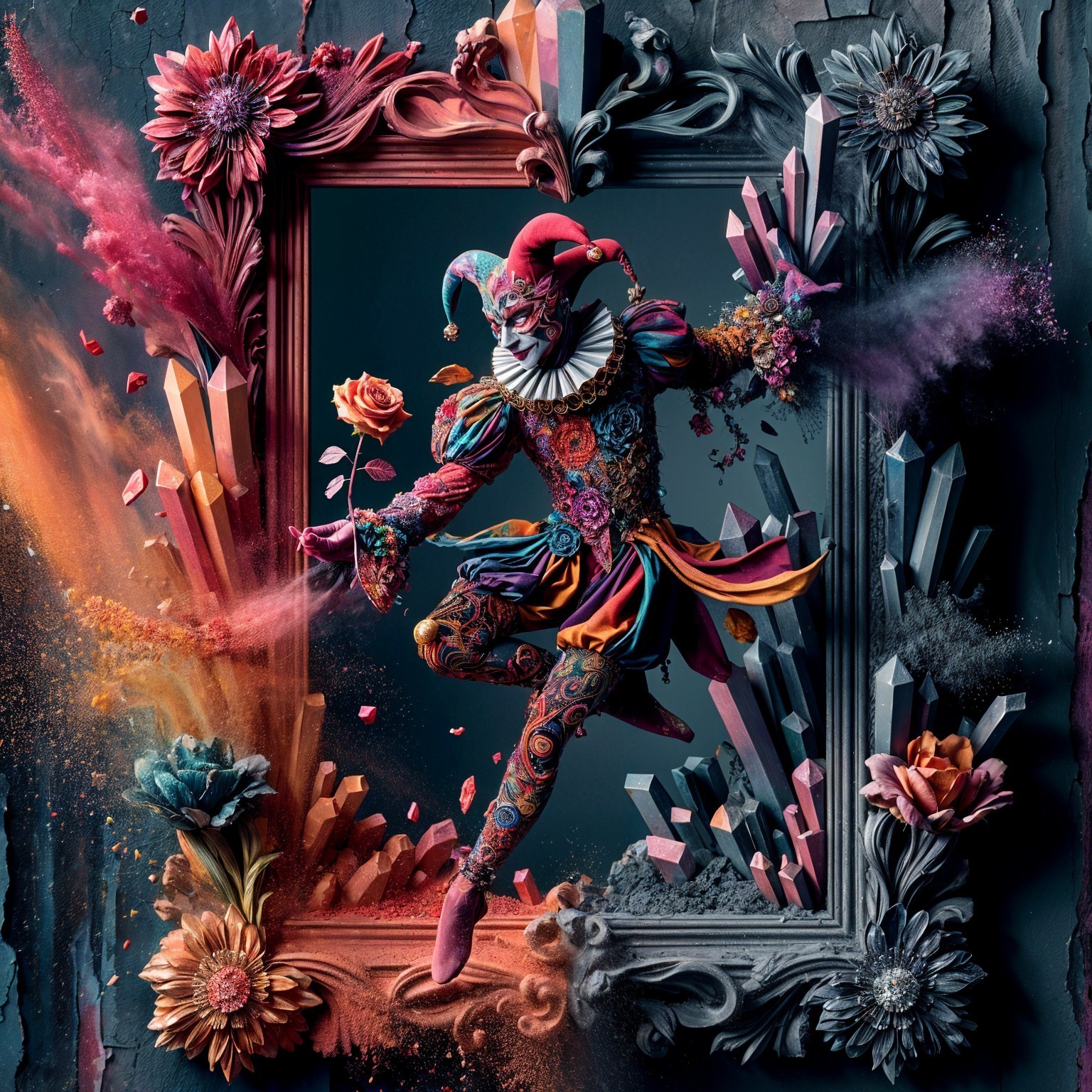 Vibrant Jester in Ornate Frame with Whimsical Colors