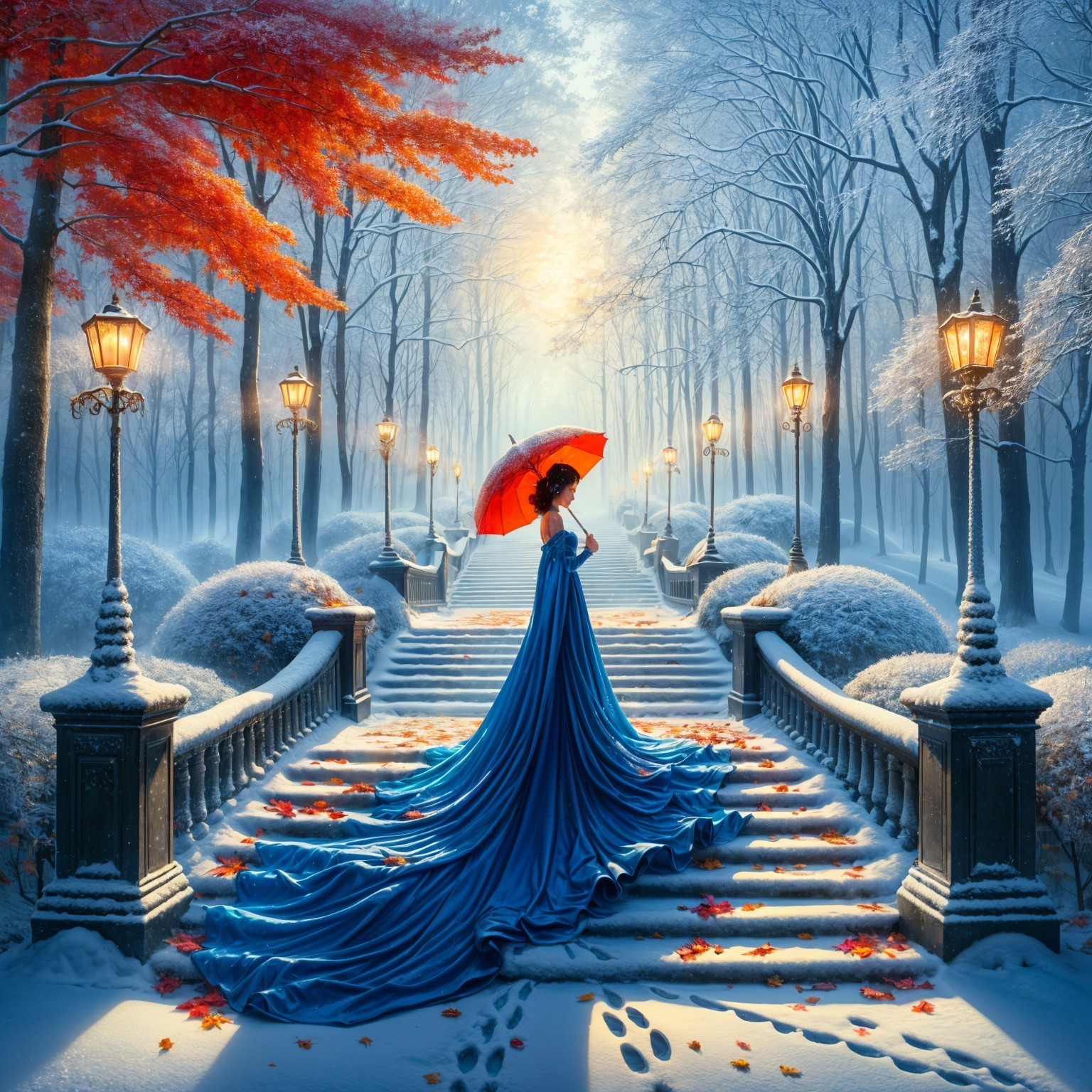 Winter Scene with Woman in Blue Gown and Umbrella