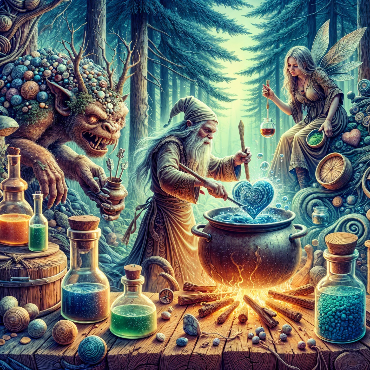 Elderly wizard brews potion with fairy in mystical forest