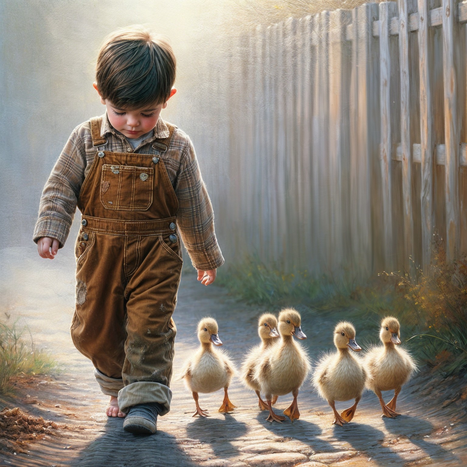 Young Boy with Ducklings on a Dirt Path in Morning Light