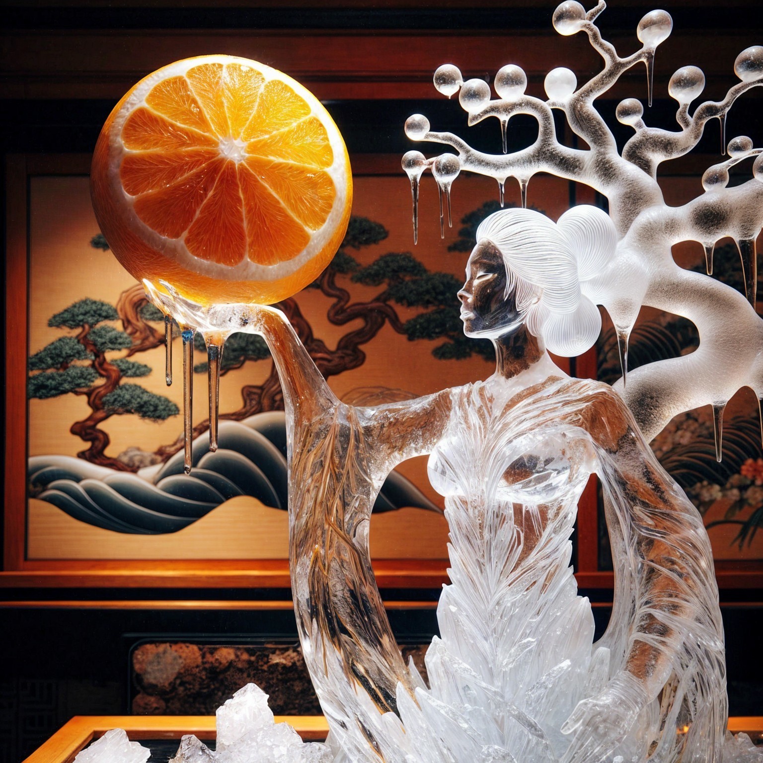 Elegant Ice Sculpture of Woman with Orange Slice