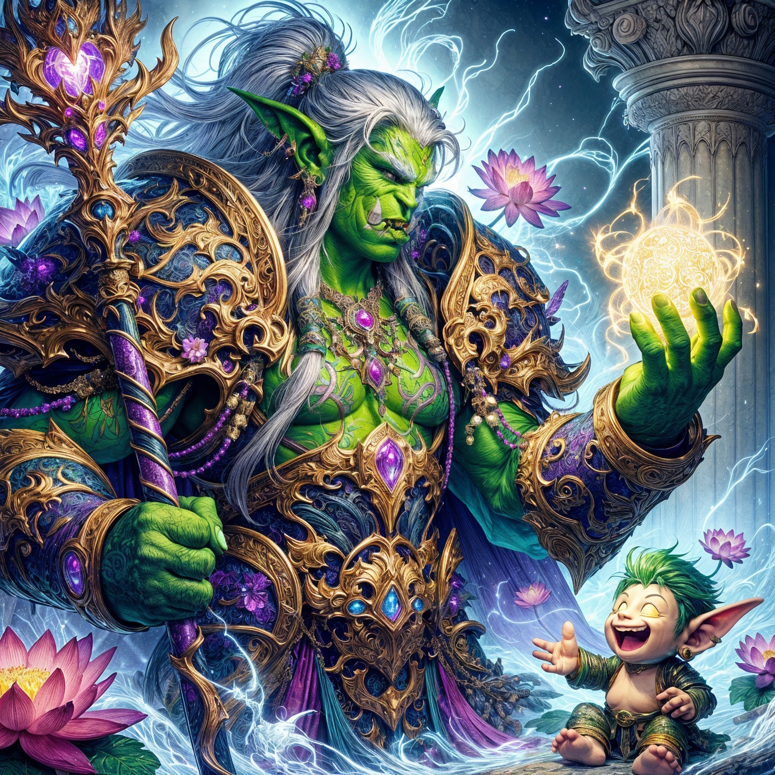 Green-Skinned Orc with Magical Staff and Goblin Companion