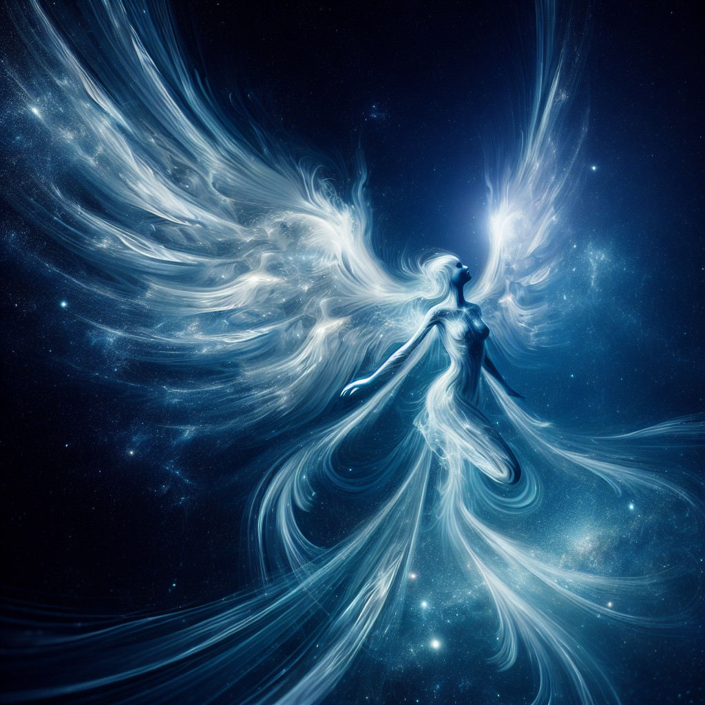 Celestial Figure with Ethereal Wings in Cosmic Setting