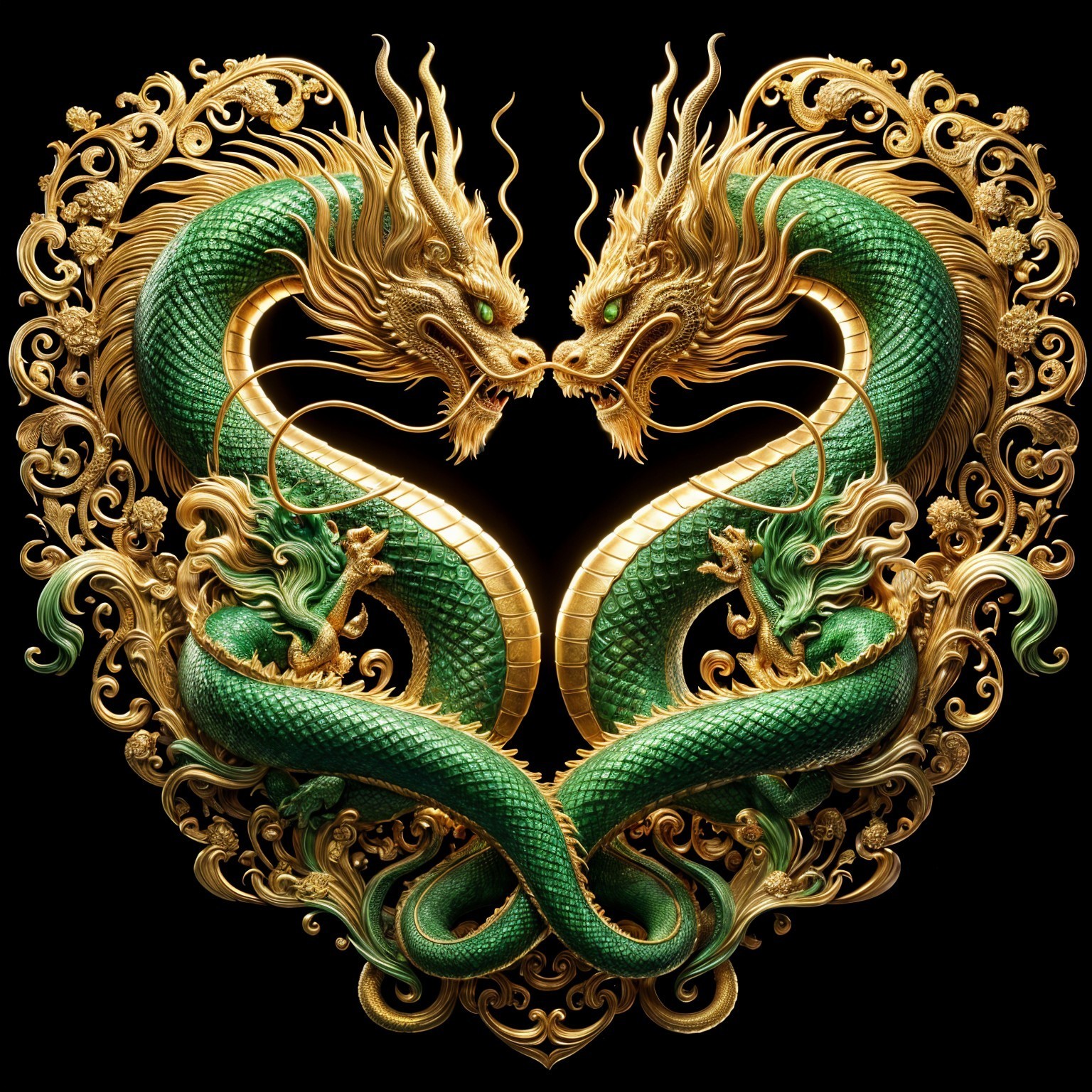 Intricate Dragons Forming Heart Shape with Floral Motifs