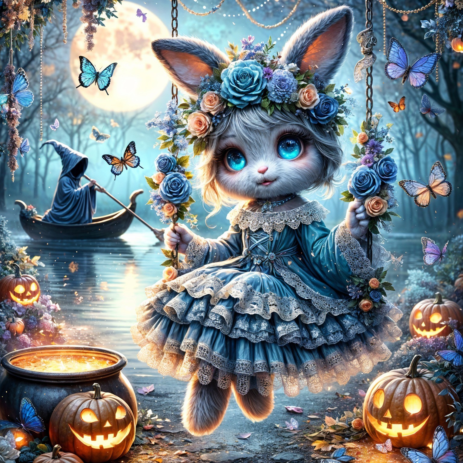 Whimsical Moonlit Scene with Bunny Girl and Halloween Elements