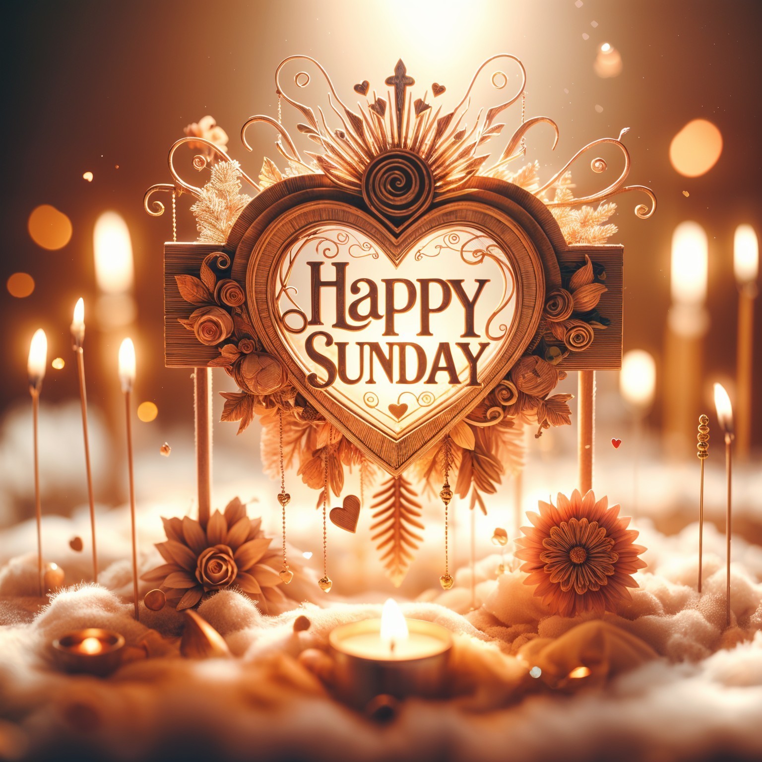 Wooden "Happy Sunday" Sign with Floral Decor and Candles