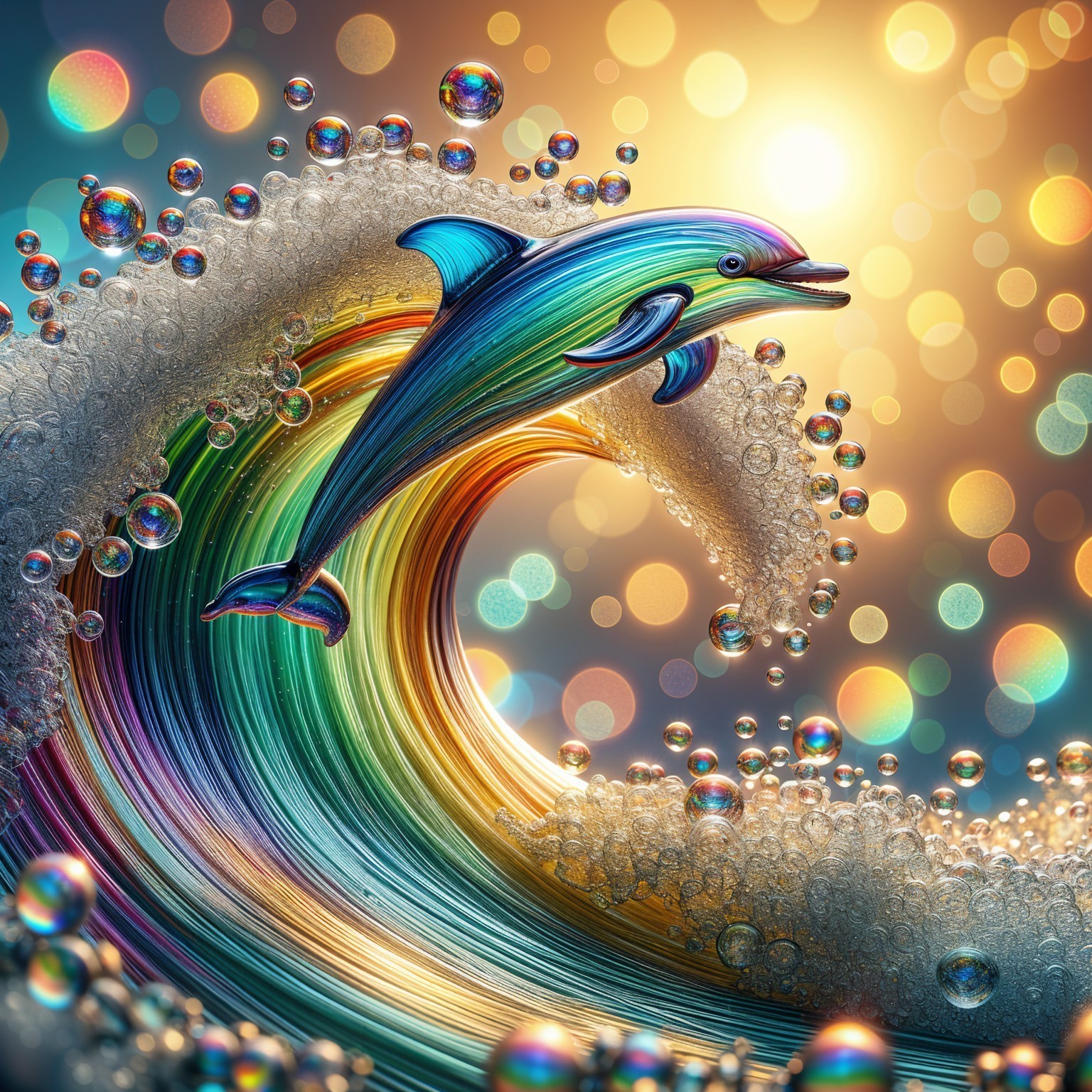Dolphin Leaping from Colorful Wave at Sunset