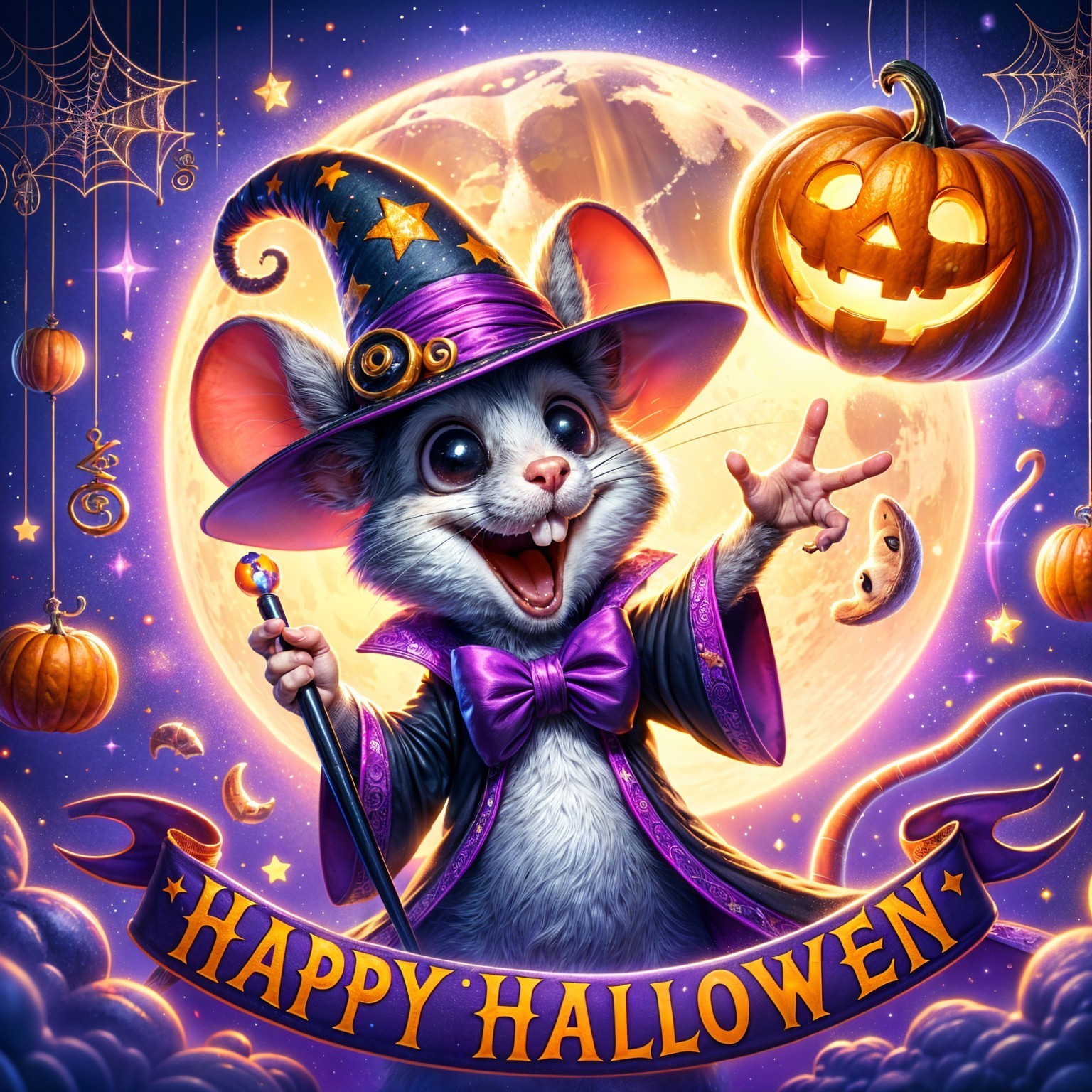Cheerful cartoon mouse in wizard costume for Halloween