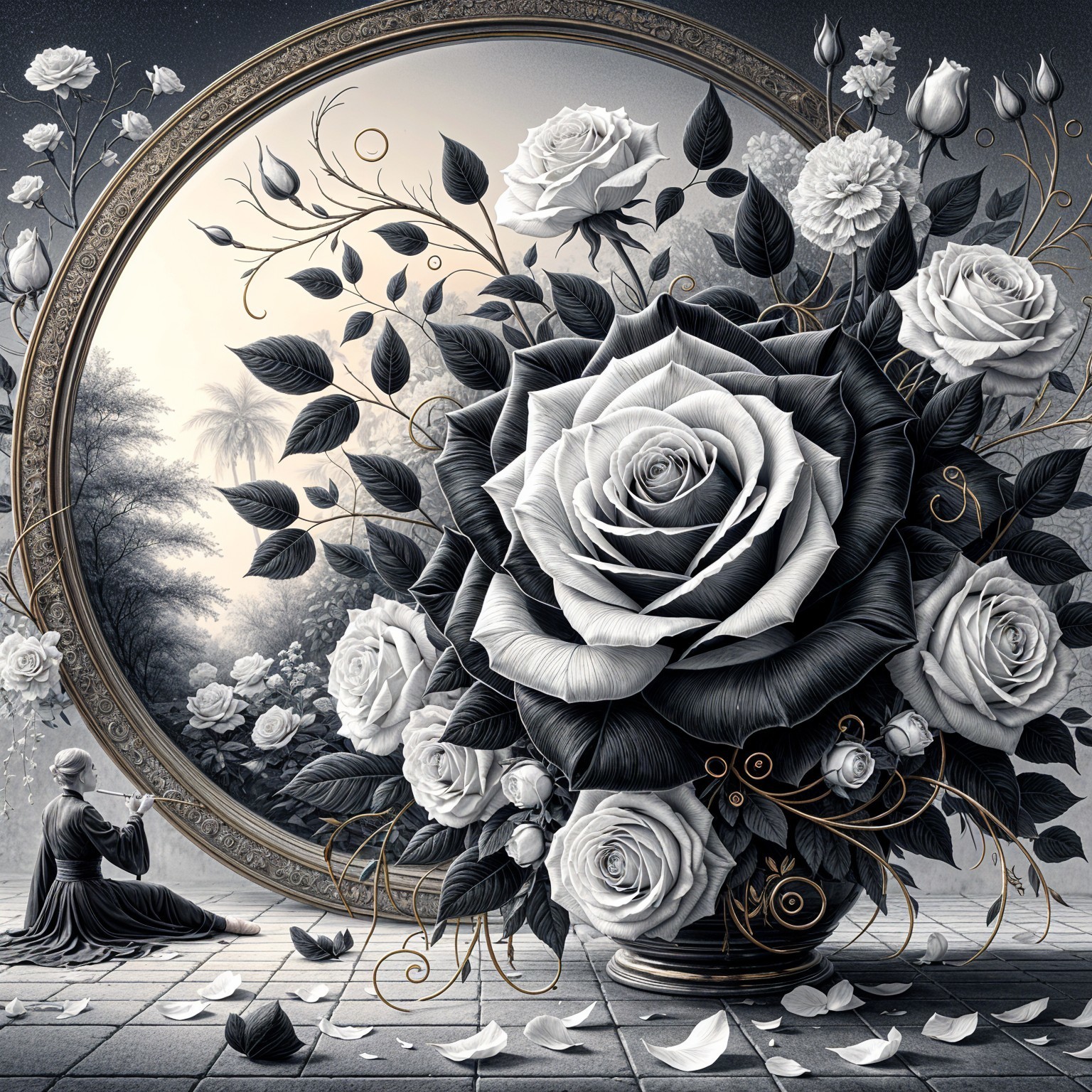 Monochrome Artwork of Roses with Nature Reflection