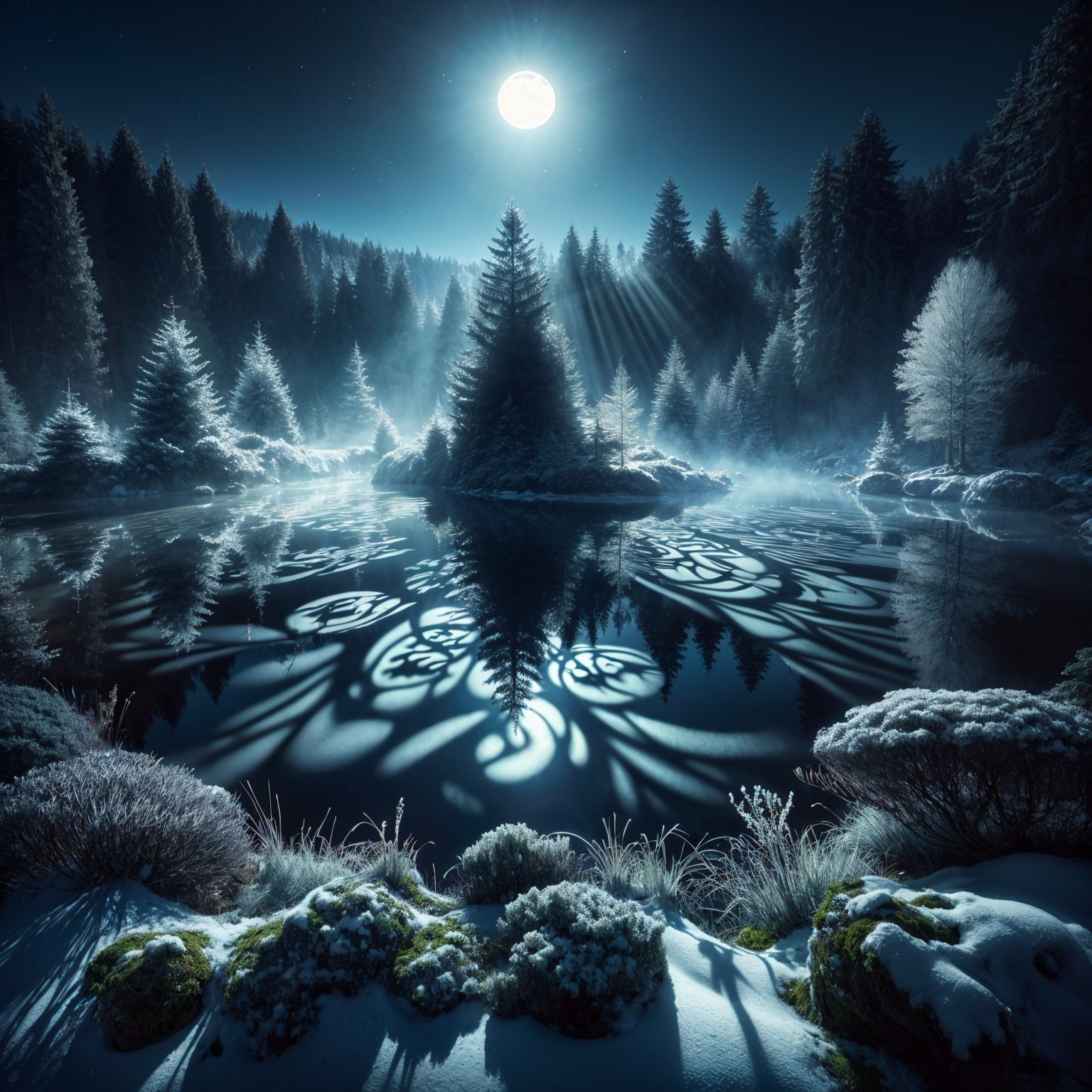 Serene winter landscape with moonlit lake and evergreens