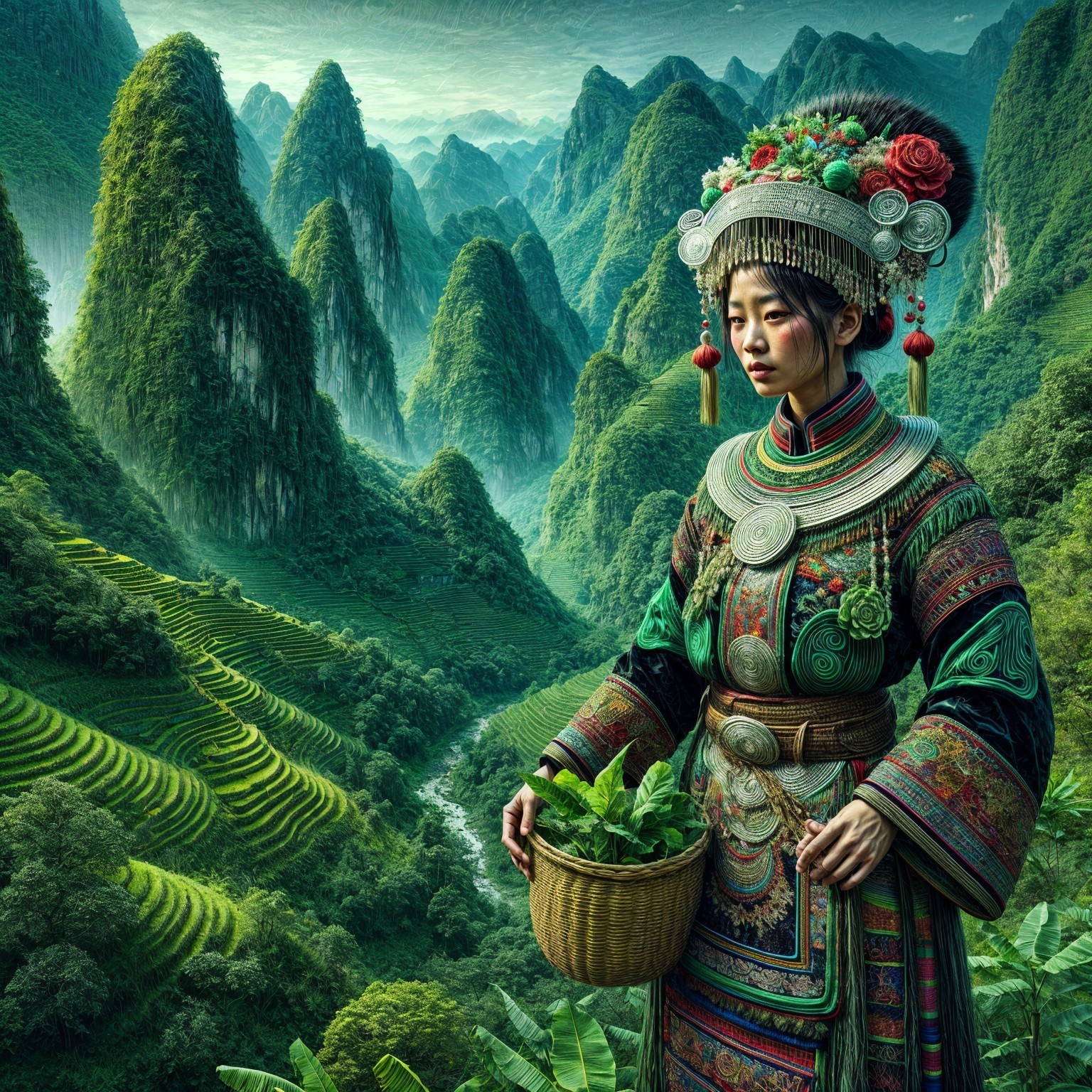 Traditional Attire in Lush Mountain Landscape
