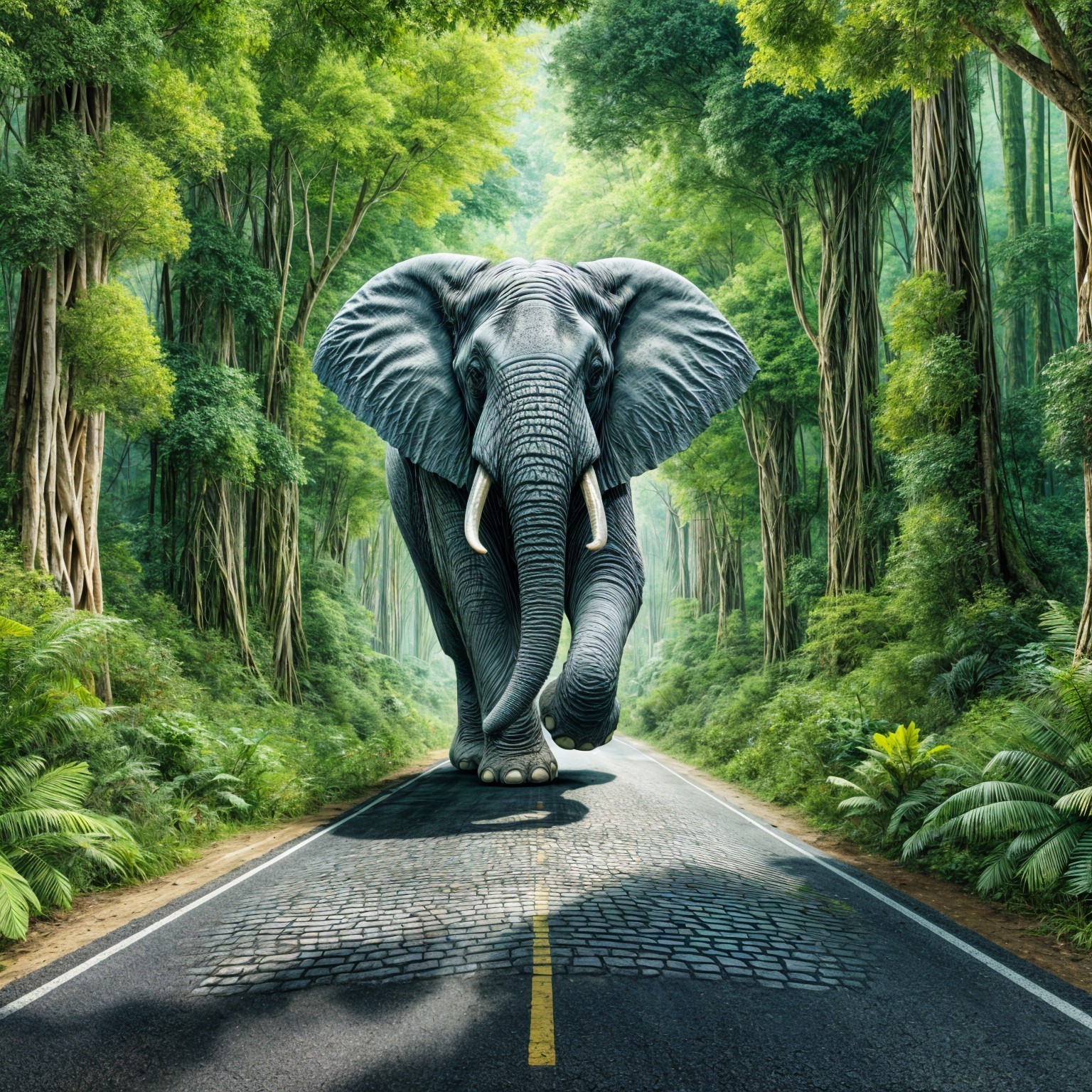 Elephant Walking on Scenic Cobblestone Road in Forest