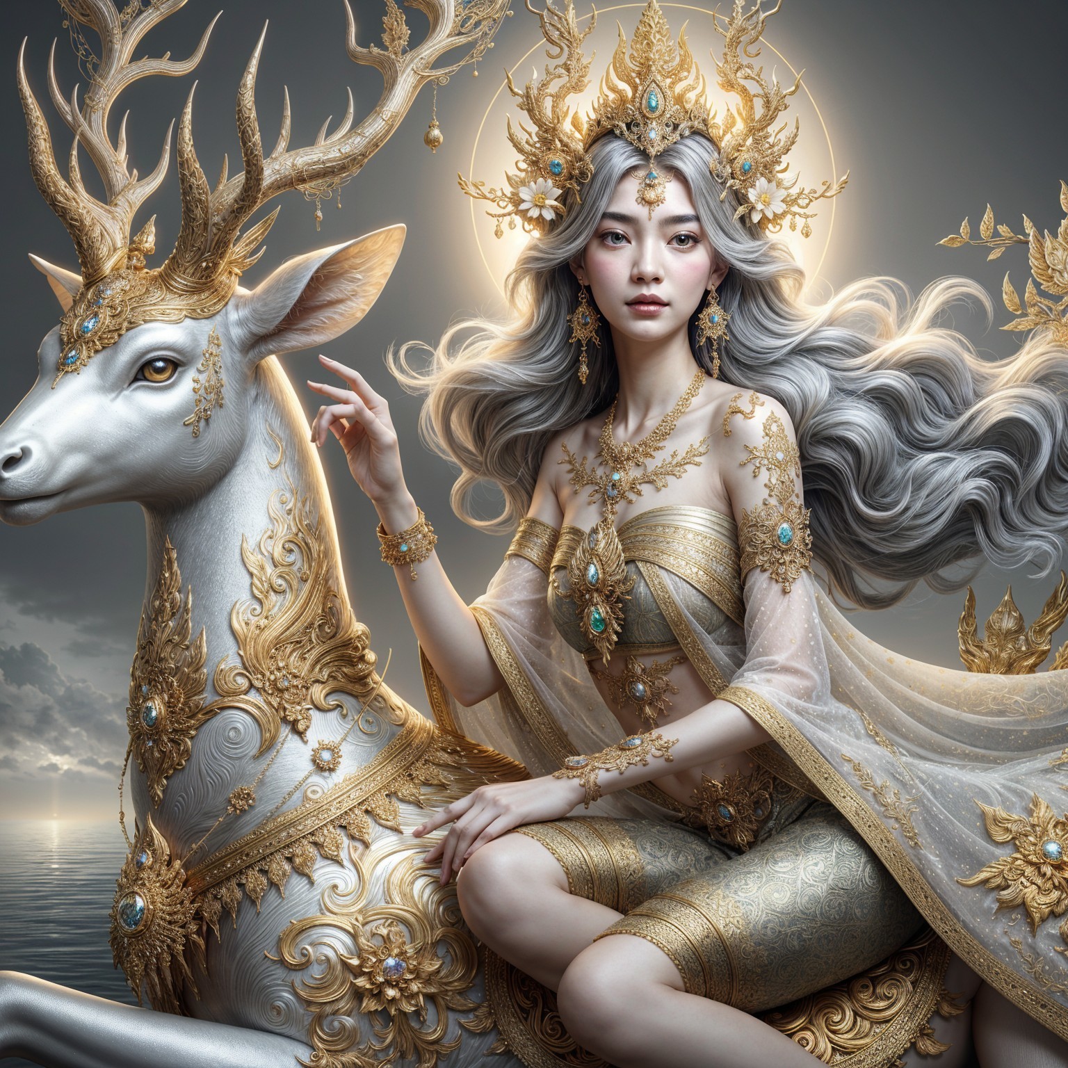 Regal figure on ornate deer in mystical setting