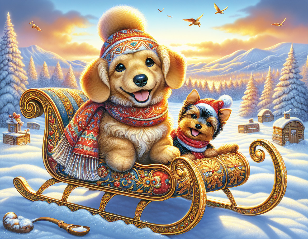 Puppies on Ornate Sleigh in Snowy Winter Landscape