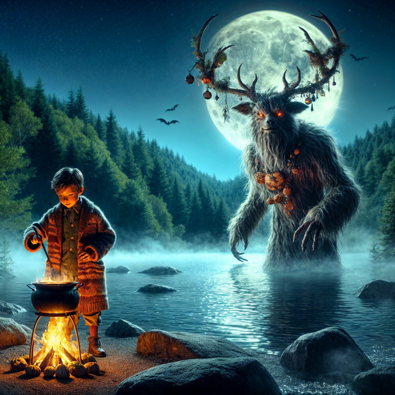 Mystical Forest Scene with Boy and Mythical Creature