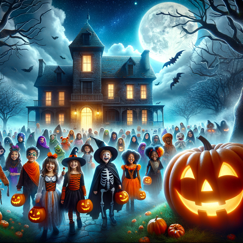 Haunted Mansion Halloween Scene with Costumed Children