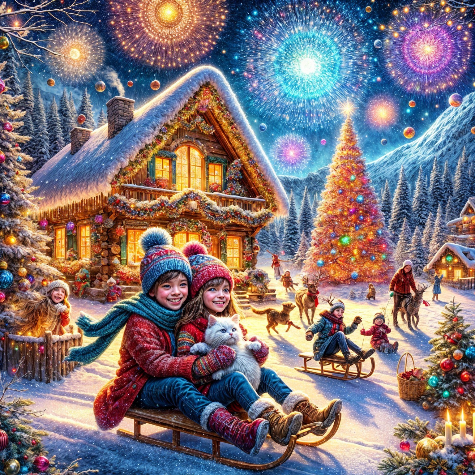 Winter Scene with Children, Cat, and Festive Decor