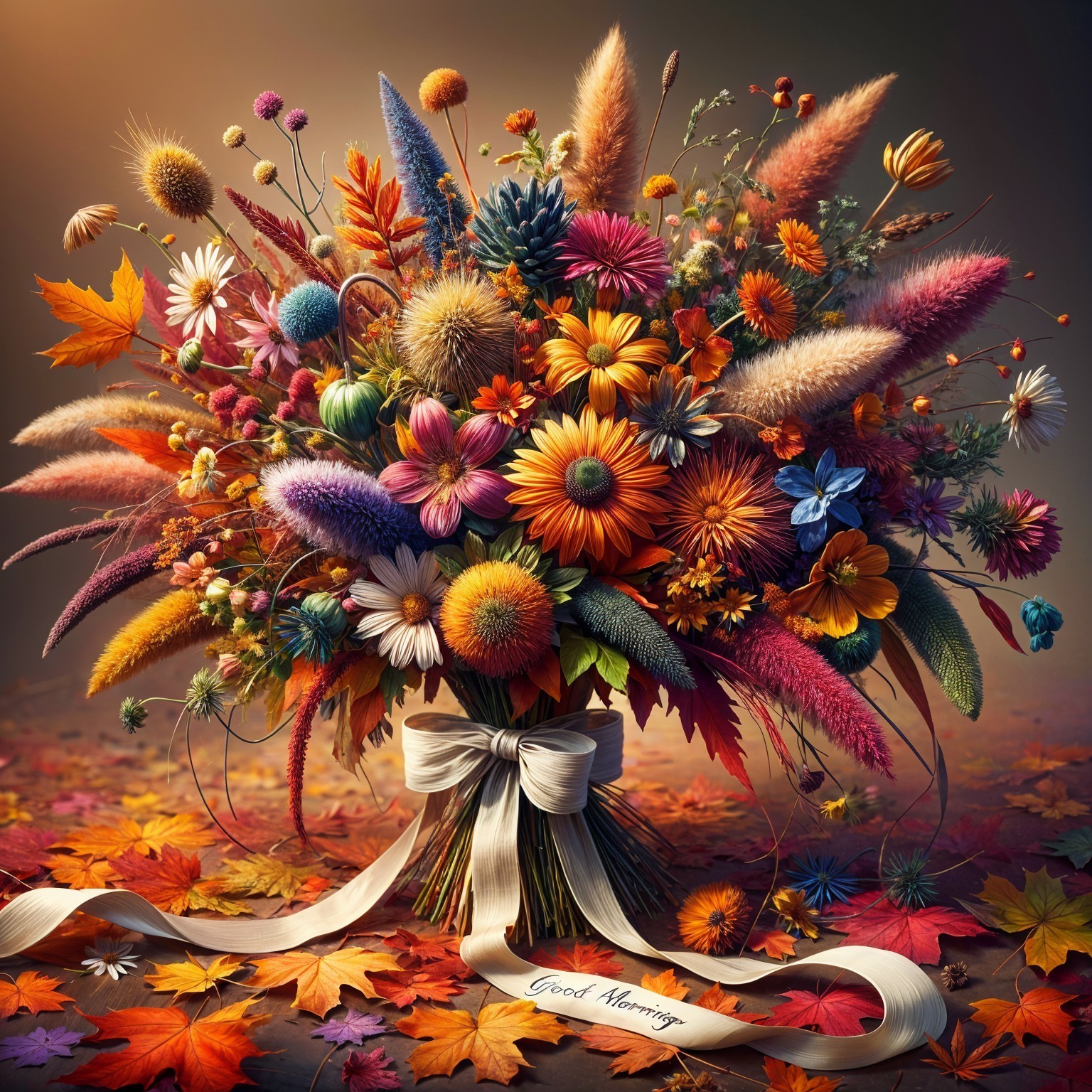 Vibrant Autumn Bouquet with Colorful Flowers and Foliage