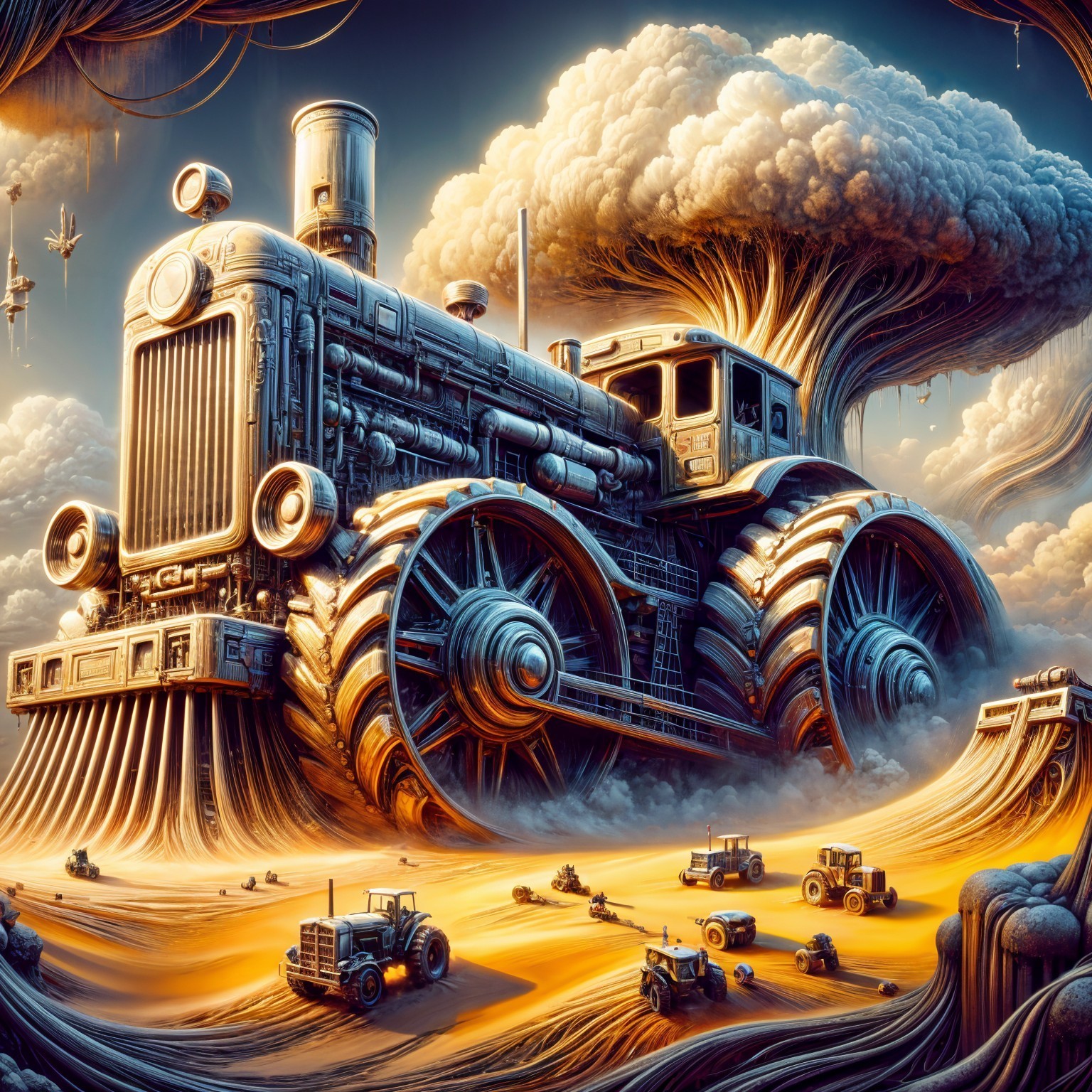 Surreal Landscape with Oversized Tractor and Clouds