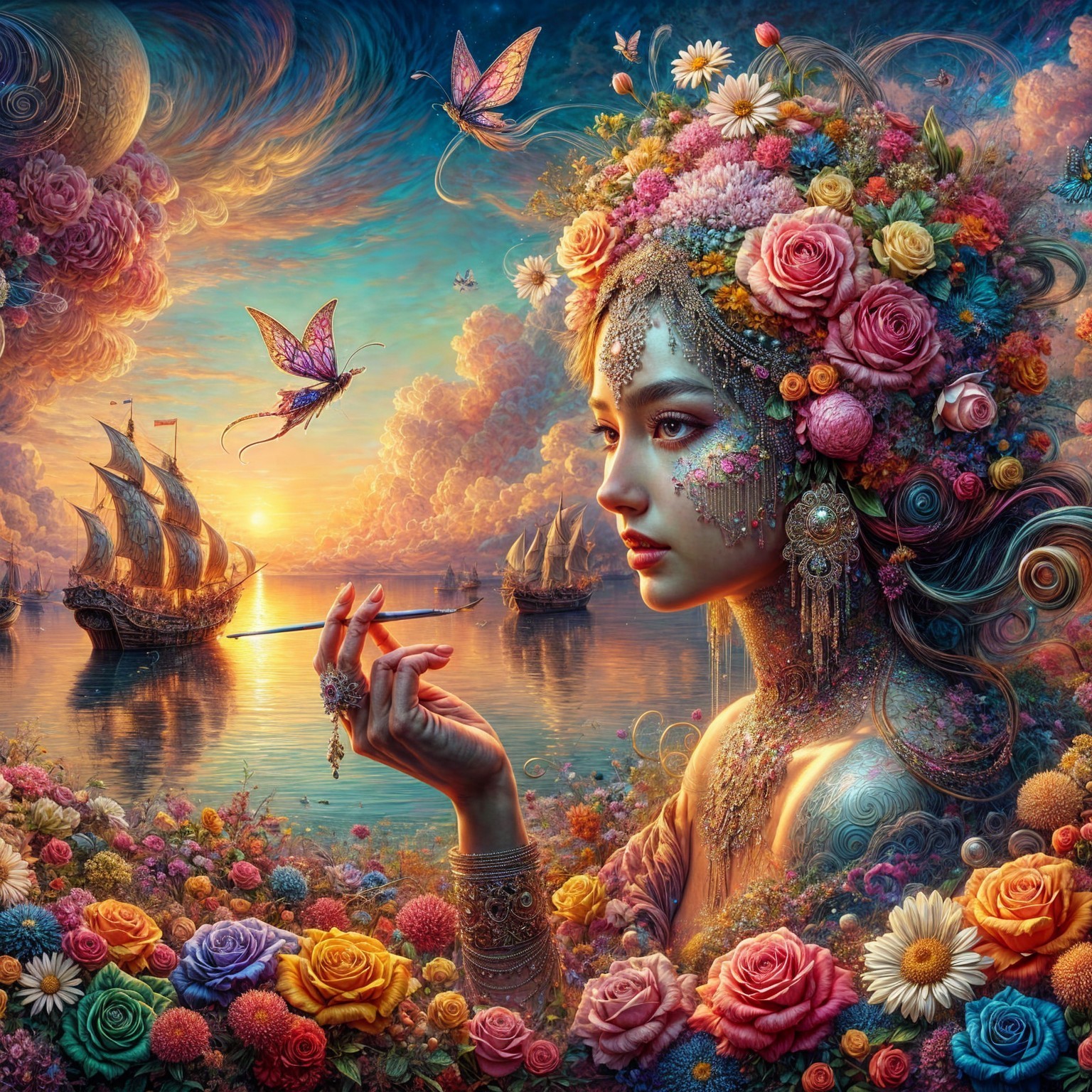 Serene female figure with flowers at sunset by the sea