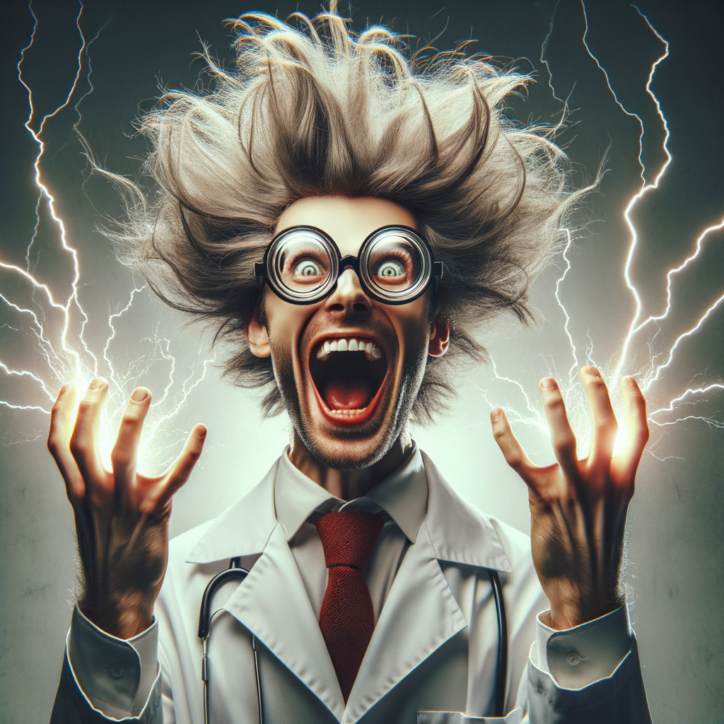 Eccentric Scientist Surrounded by Electricity and Energy