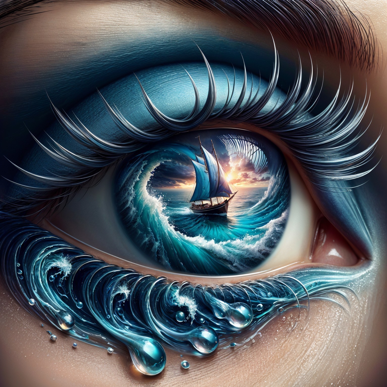 Close-Up of Human Eye with Ocean Scene Reflection