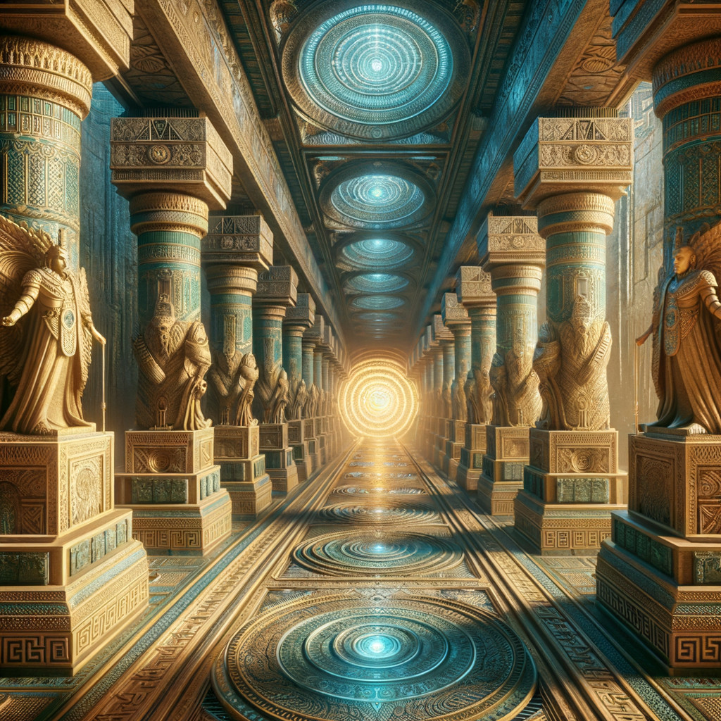 Ancient Hallway with Ornate Columns and Sculptures