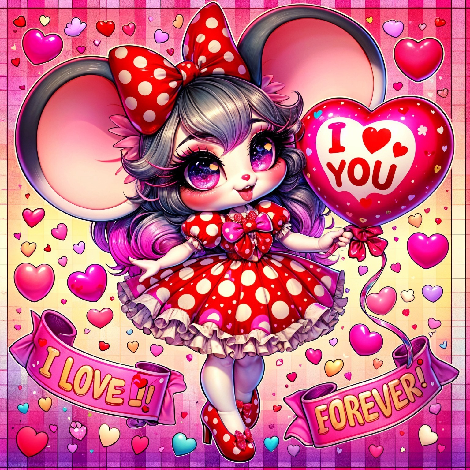 Chibi Mouse Girl with Heart Balloon and Colorful Background