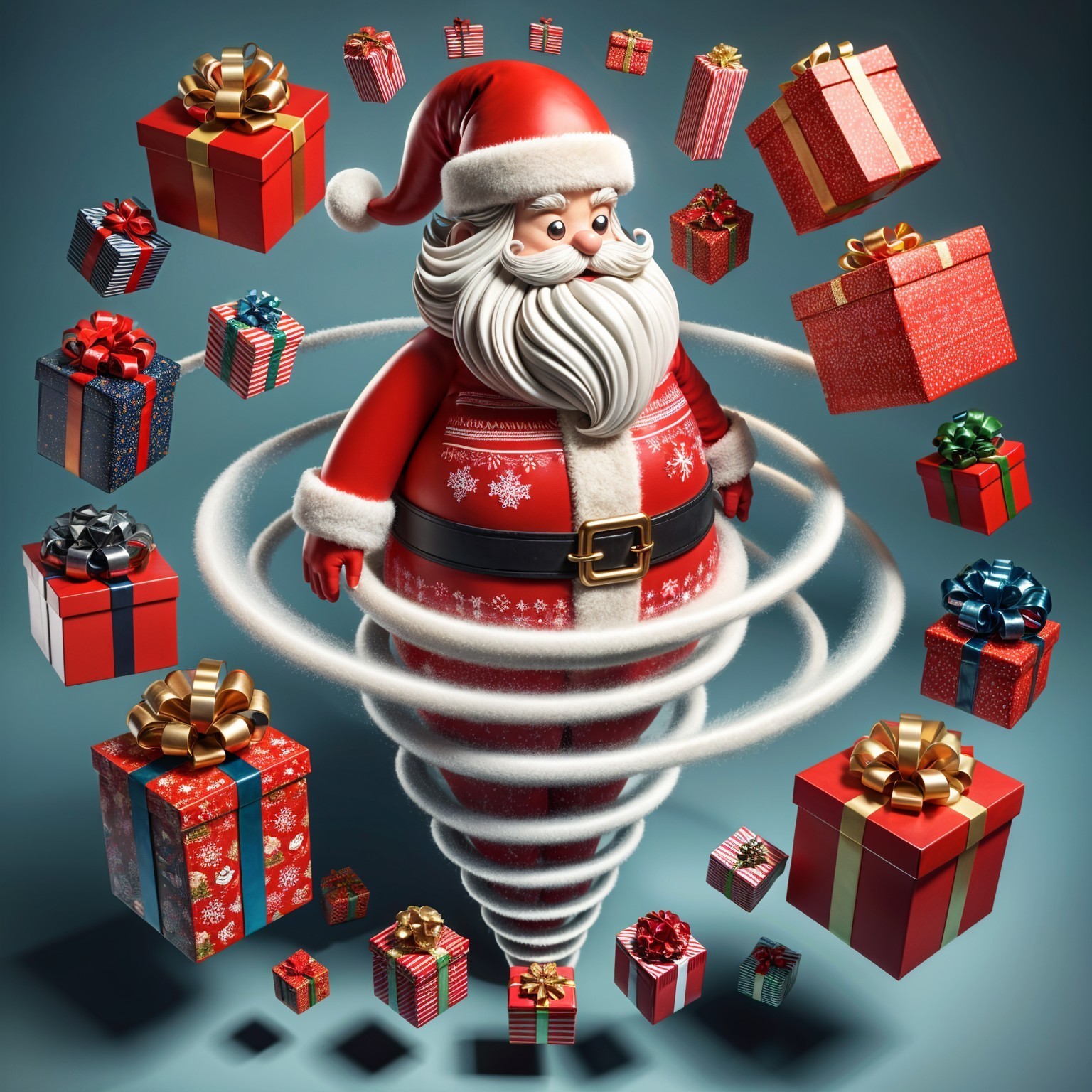 3D Illustration of Jolly Santa Claus Surrounded by Gifts
