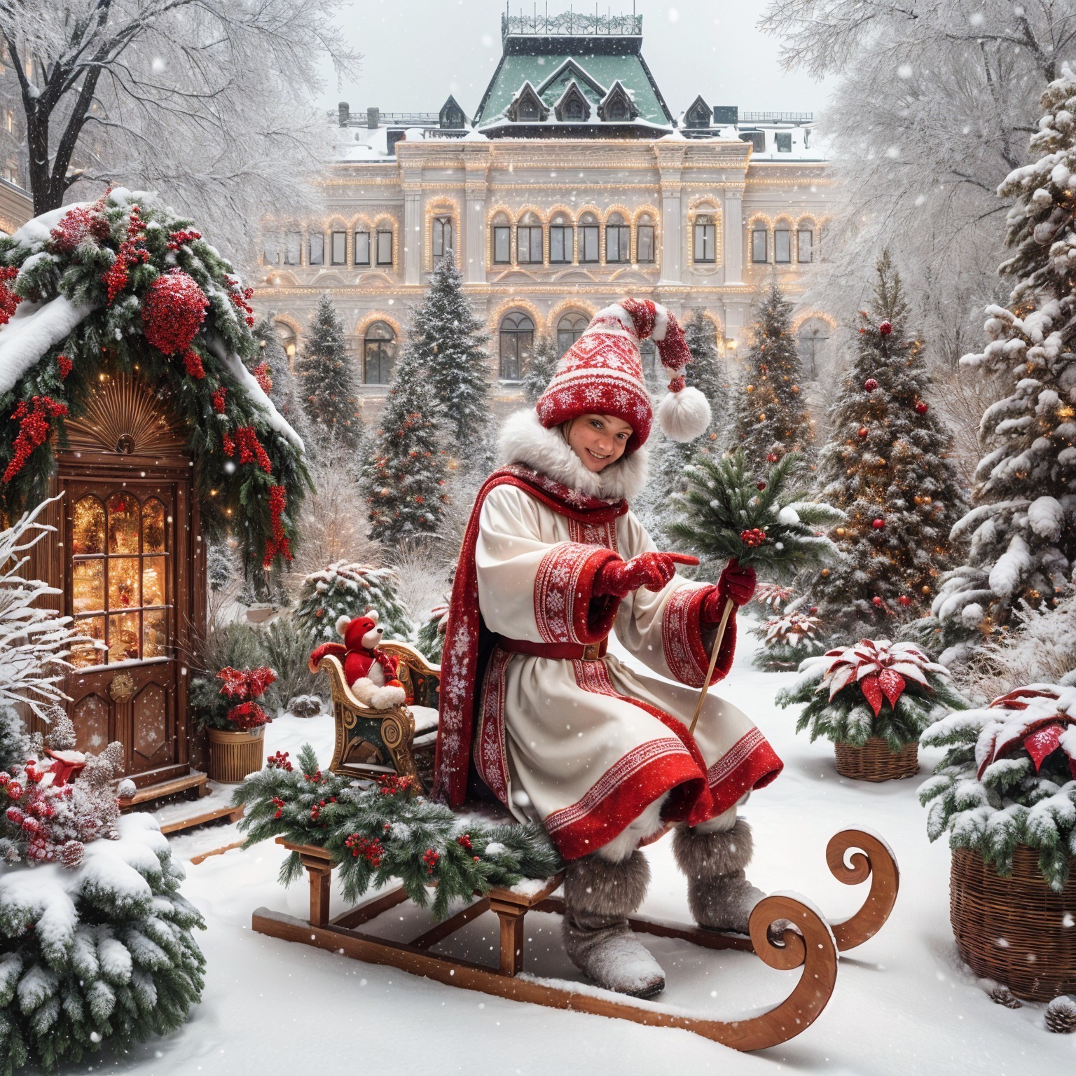 Cheerful Winter Scene with Sleigh and Christmas Trees