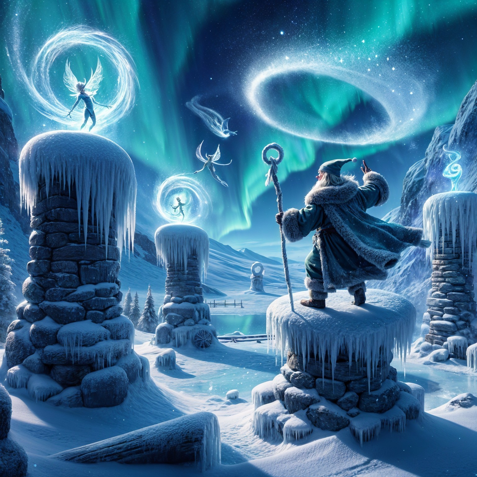 Elderly Figure in Magical Winter Landscape with Fairies