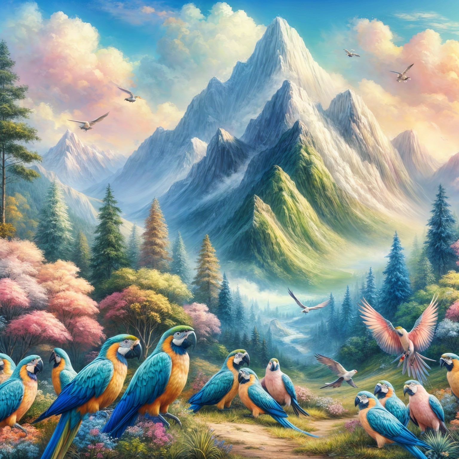Majestic Mountain Range with Colorful Parrots and Flowers