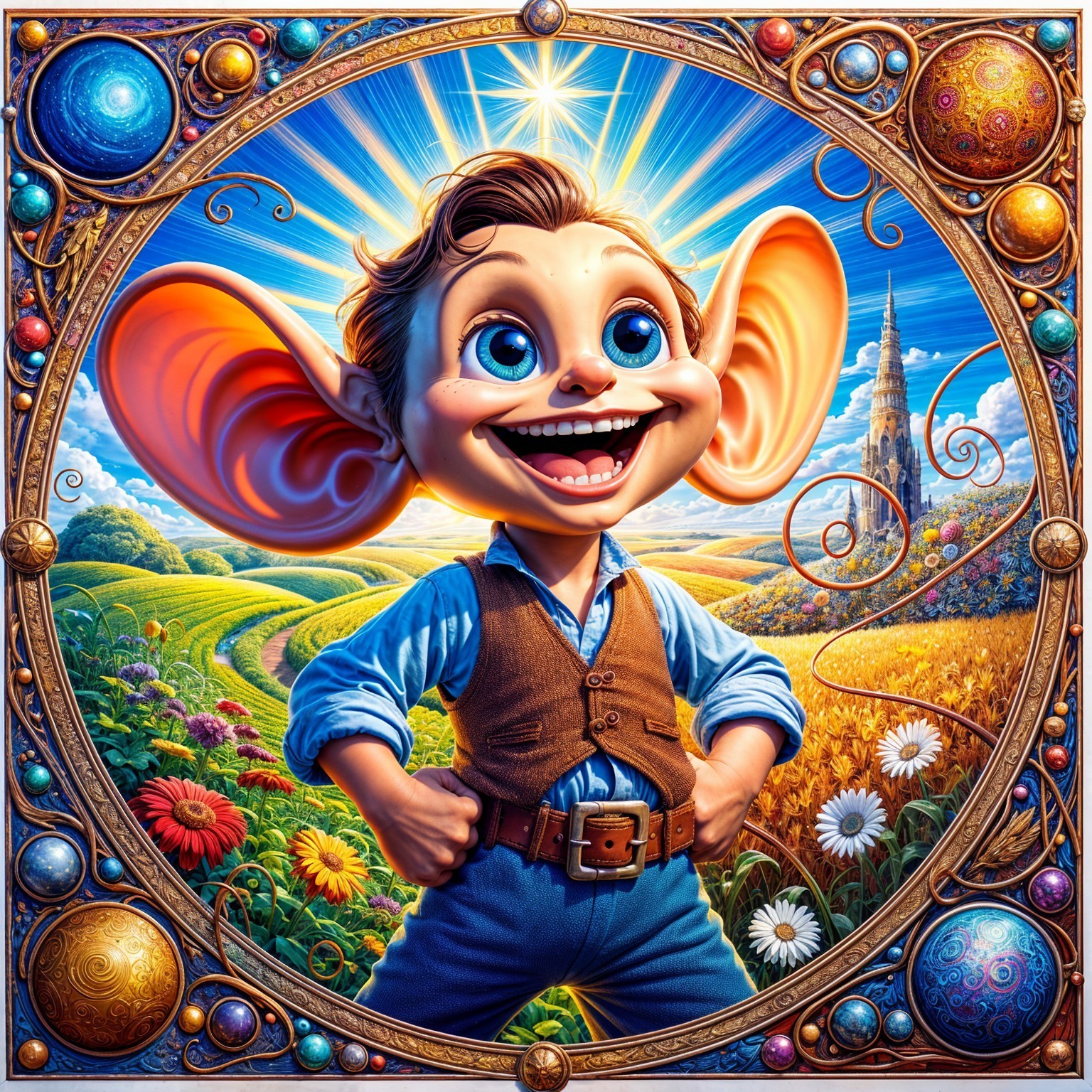 Cartoonish boy in vibrant landscape with whimsical castle