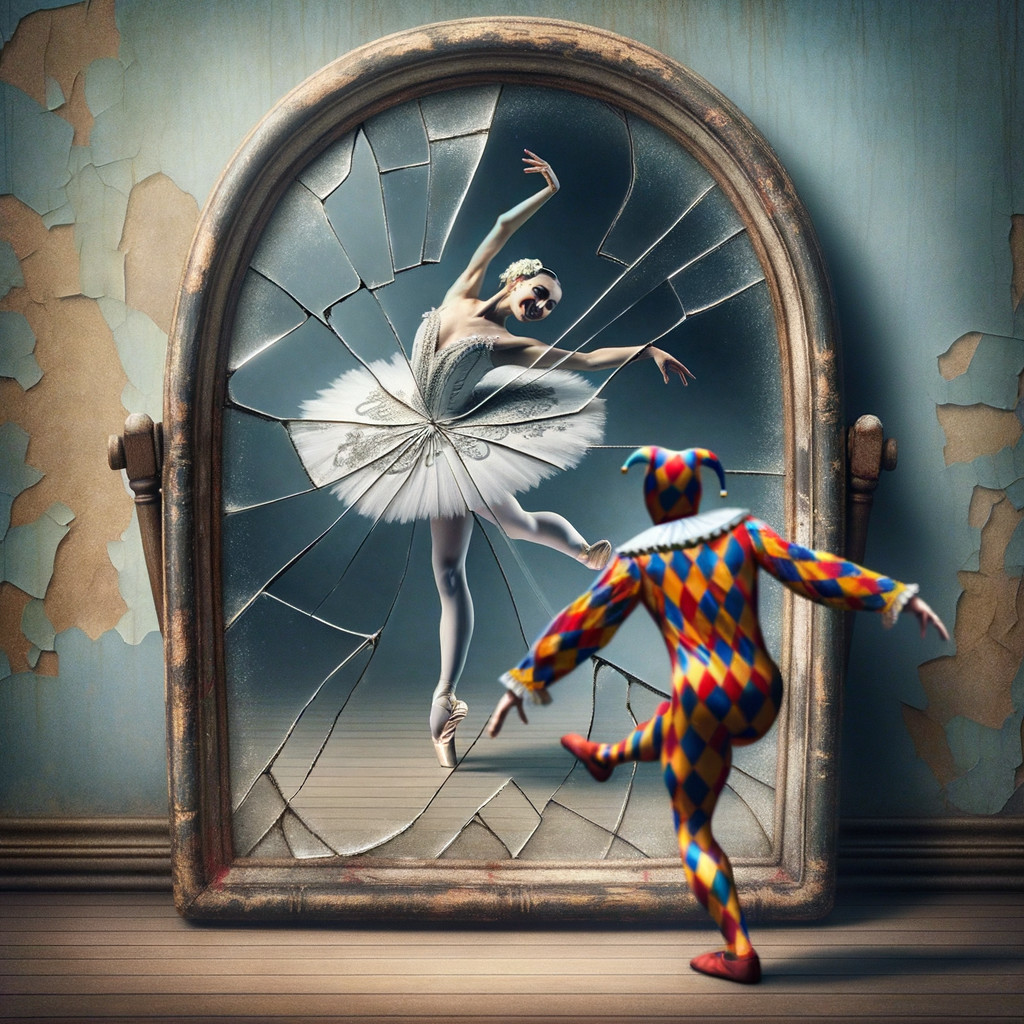 Ballerina and Jester in a Fragmented Mirror Scene