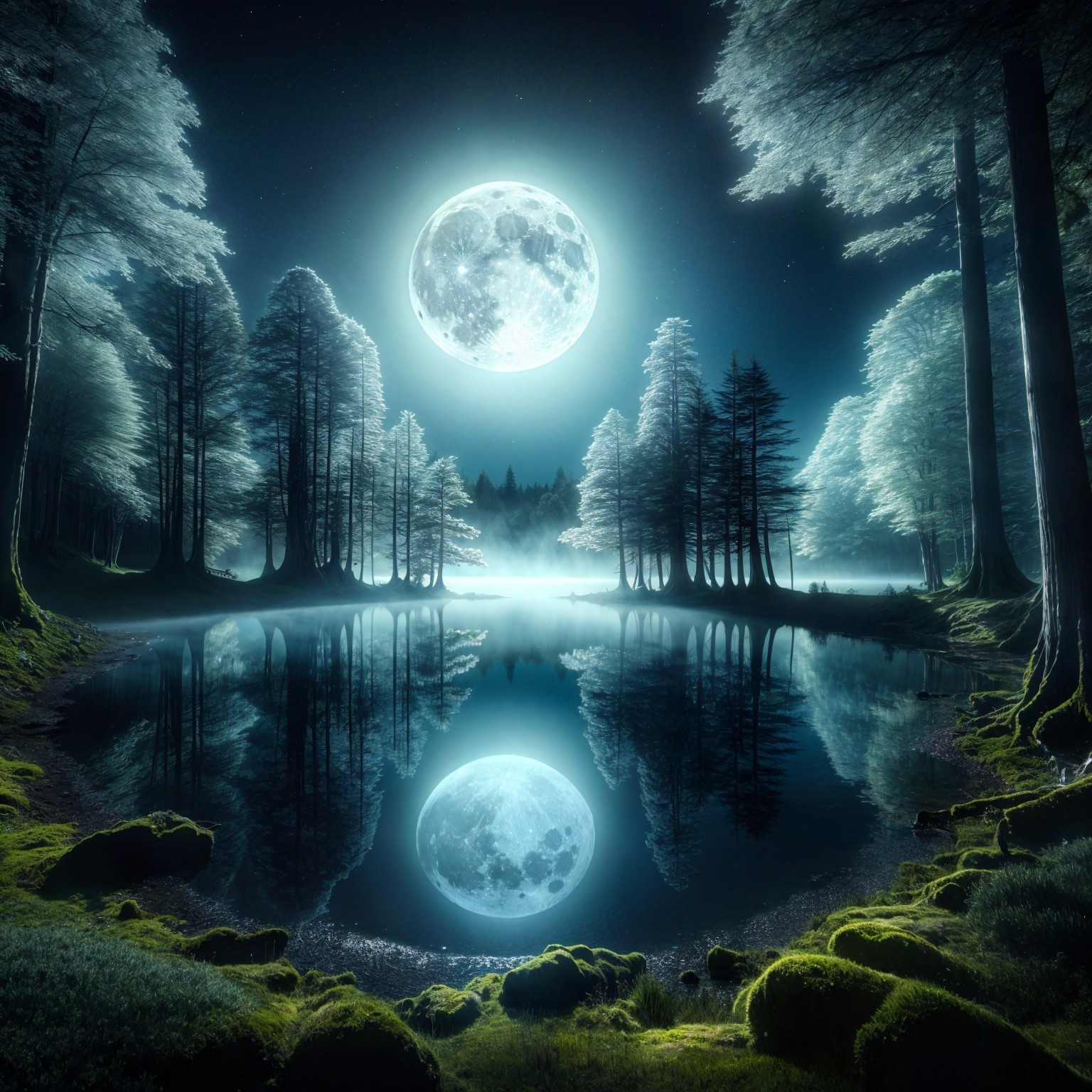 Moonlit Forest and Reflective Lake Scene Description