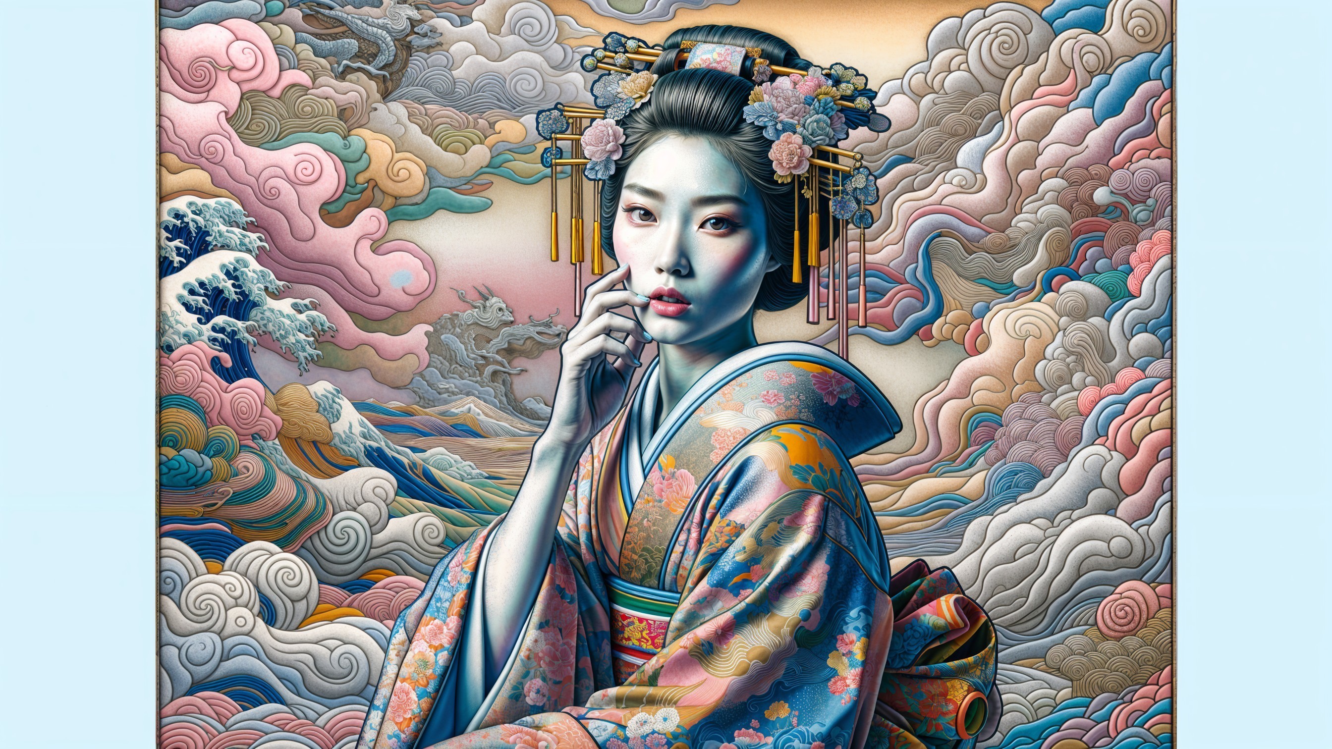 Traditional Japanese Kimono with Floral Hair Ornaments
