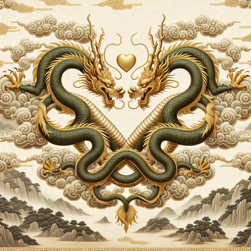 Intertwined Golden Dragons in Serene Mountain Setting