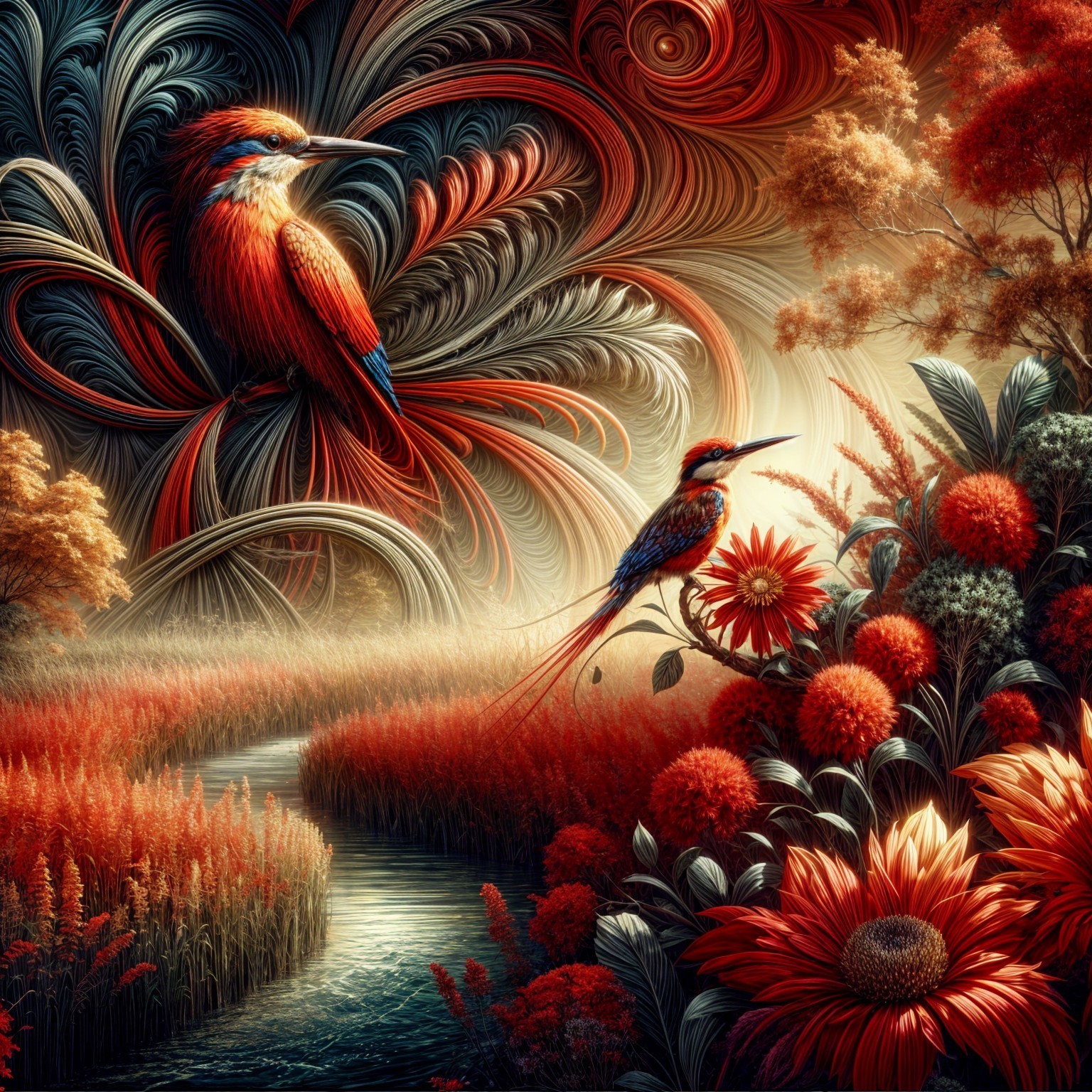 Surreal Landscape with Birds and Vibrant Flora