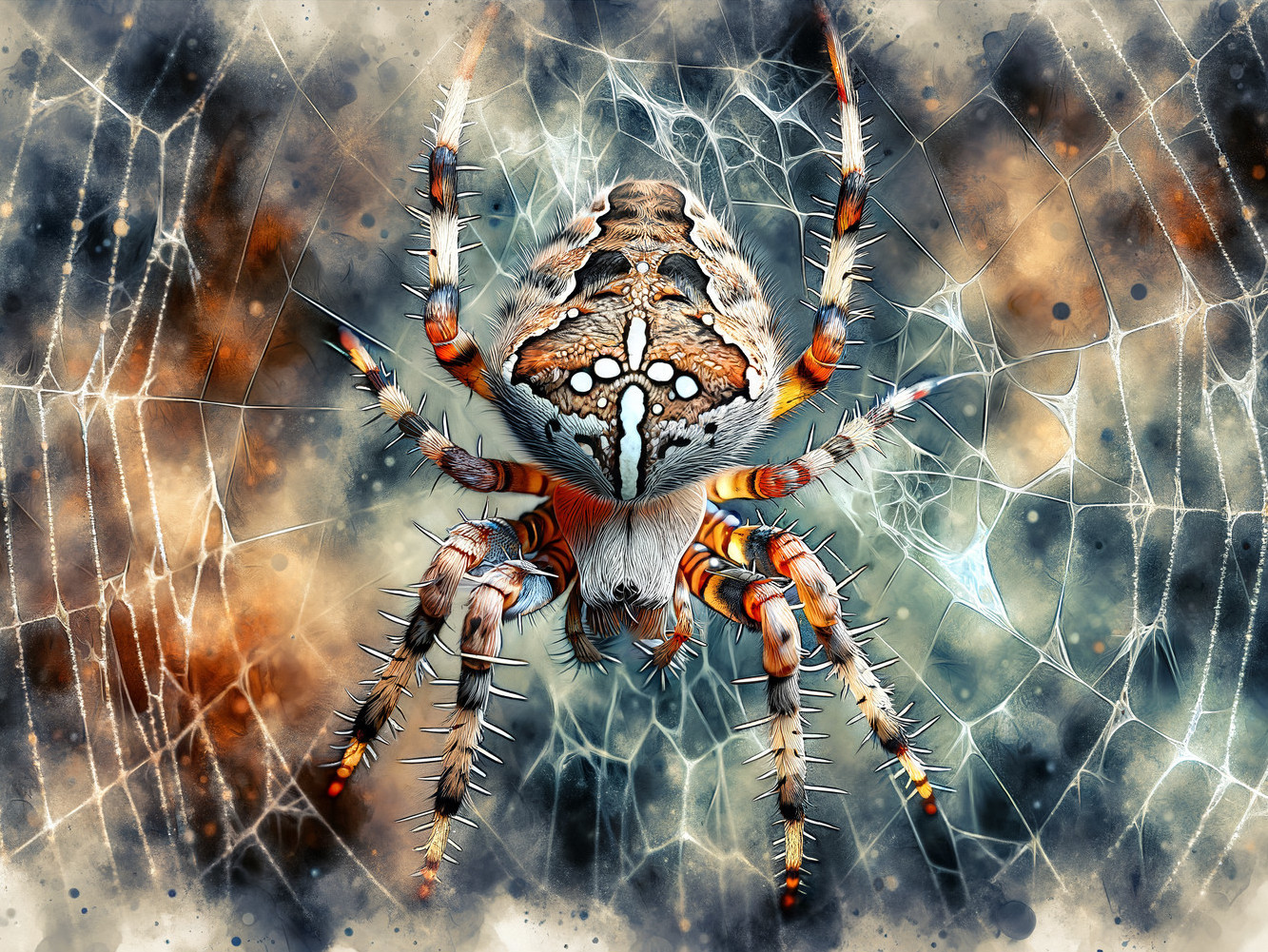 Vibrant Spider in Intricate Web with Abstract Background