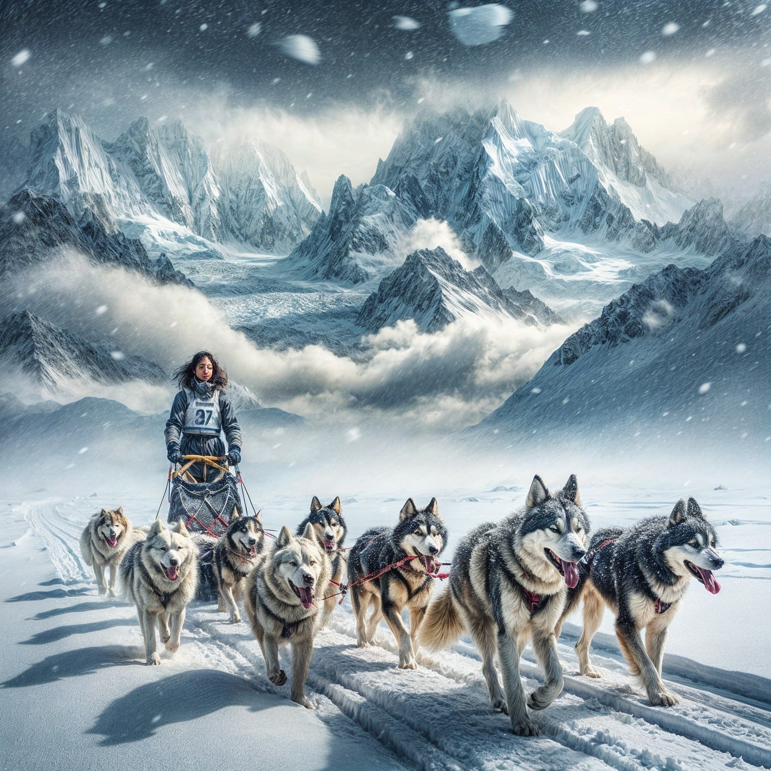 Musher Navigates Sled Dogs in Snowy Mountain Landscape