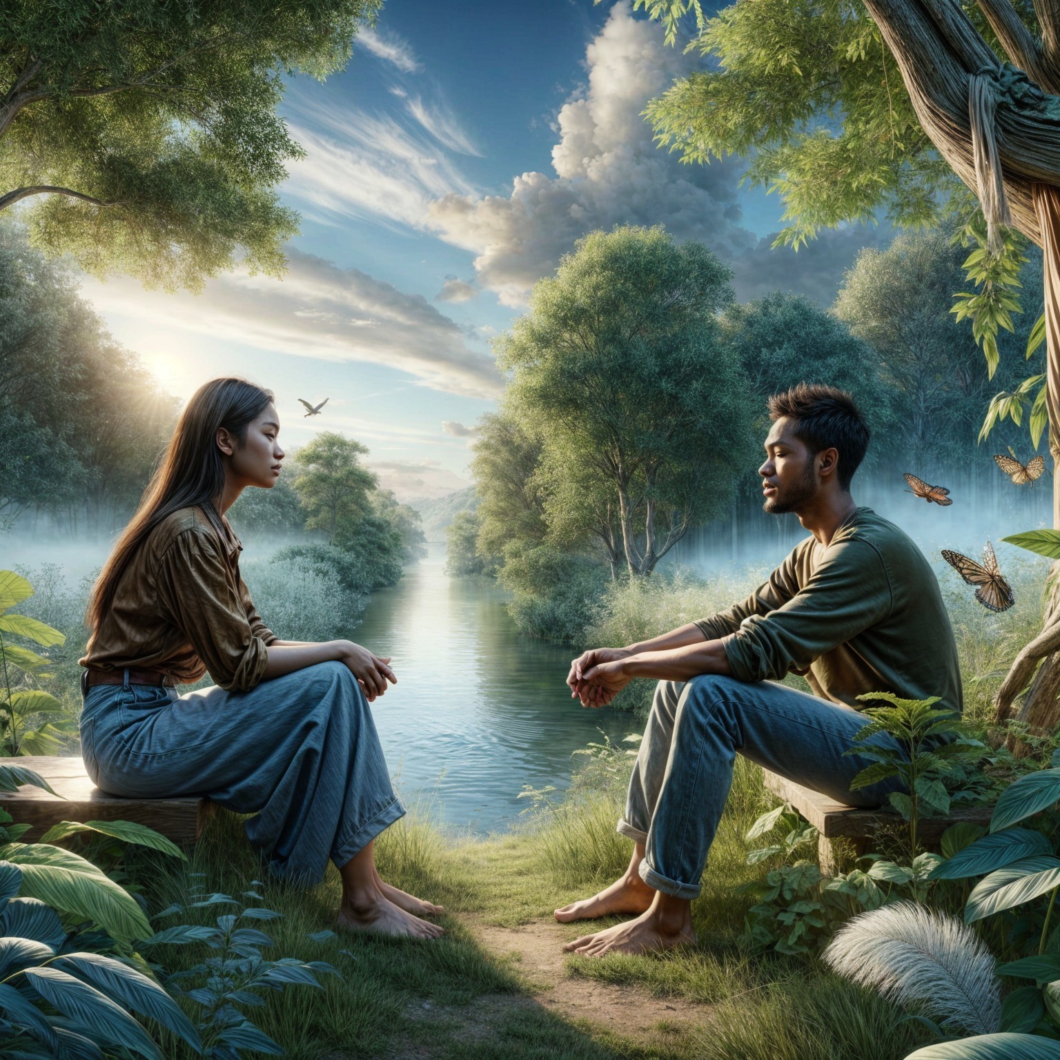 Serene Landscape with Couple by Calm River