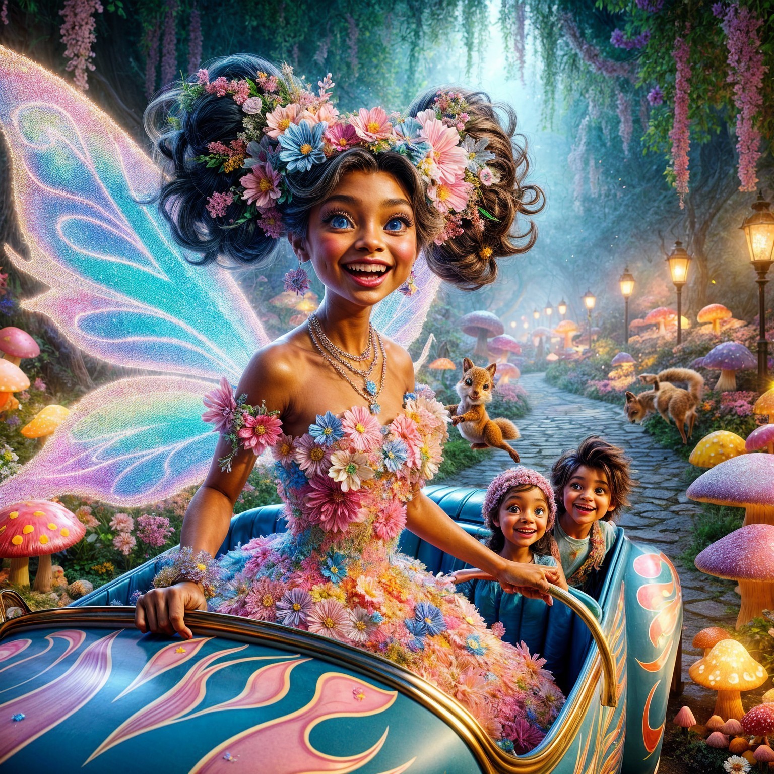Whimsical Fairy Driving Colorful Car in Enchanted Forest