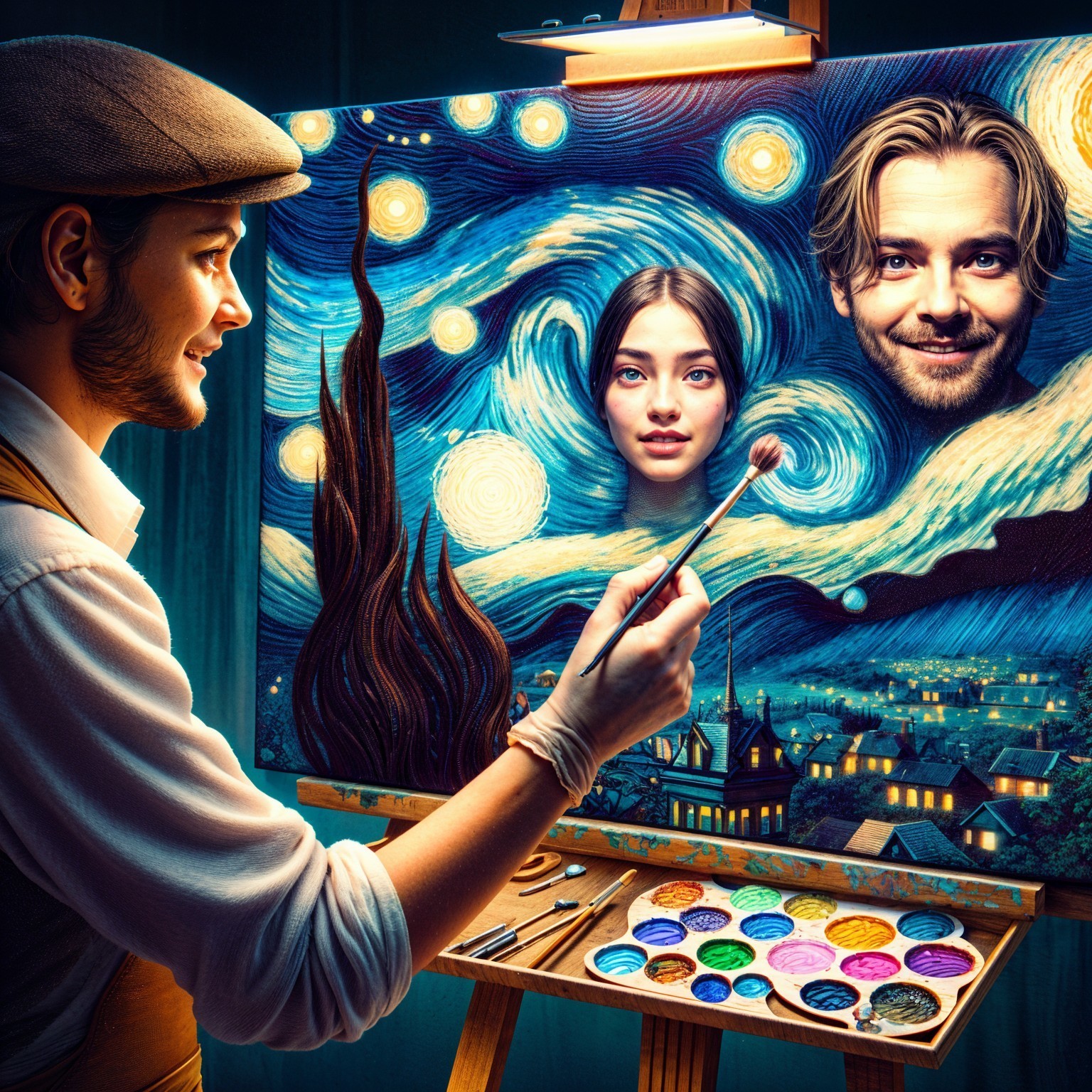 Vintage Painter Creating Starry Night Canvas Artwork