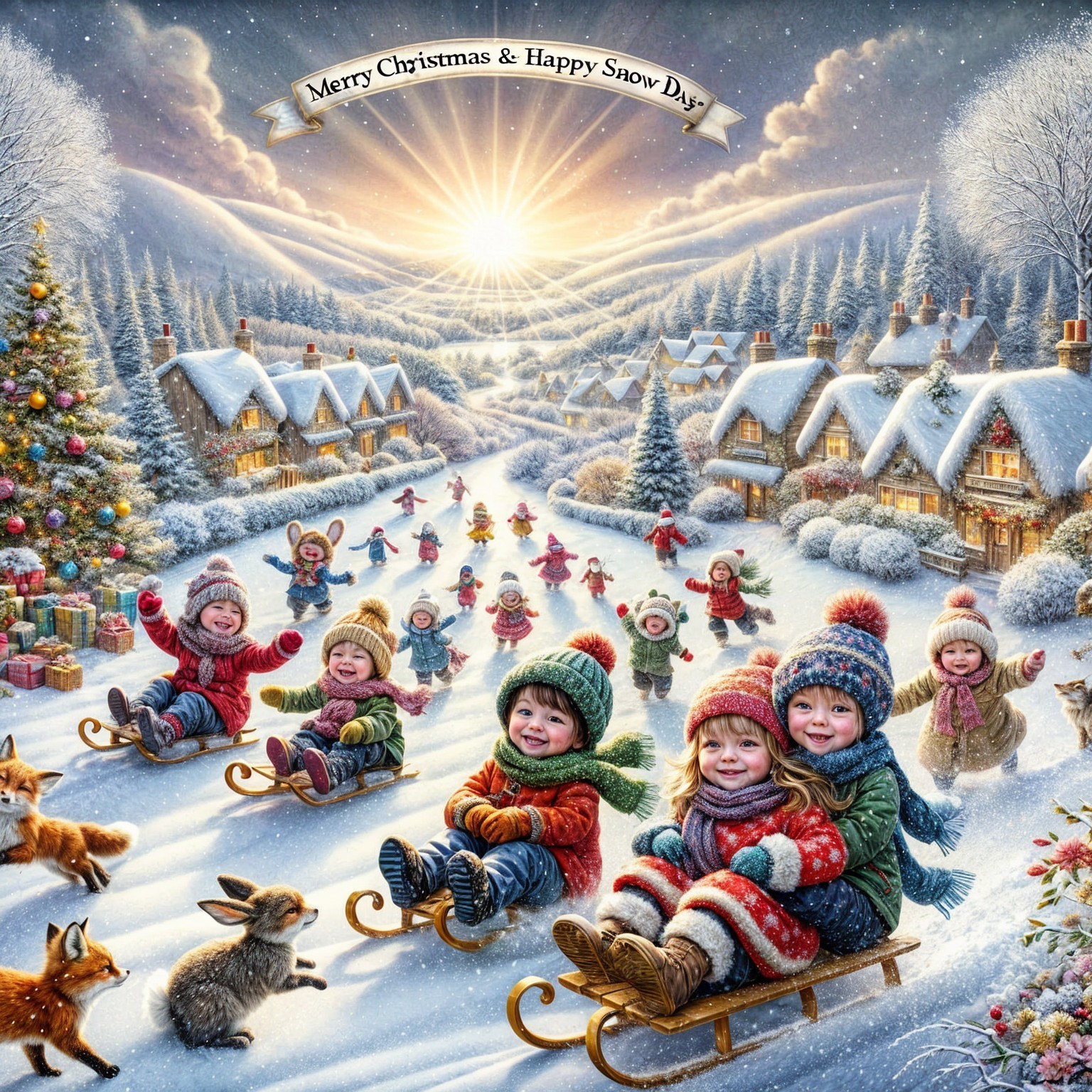 Winter Scene with Children Sledding in a Village