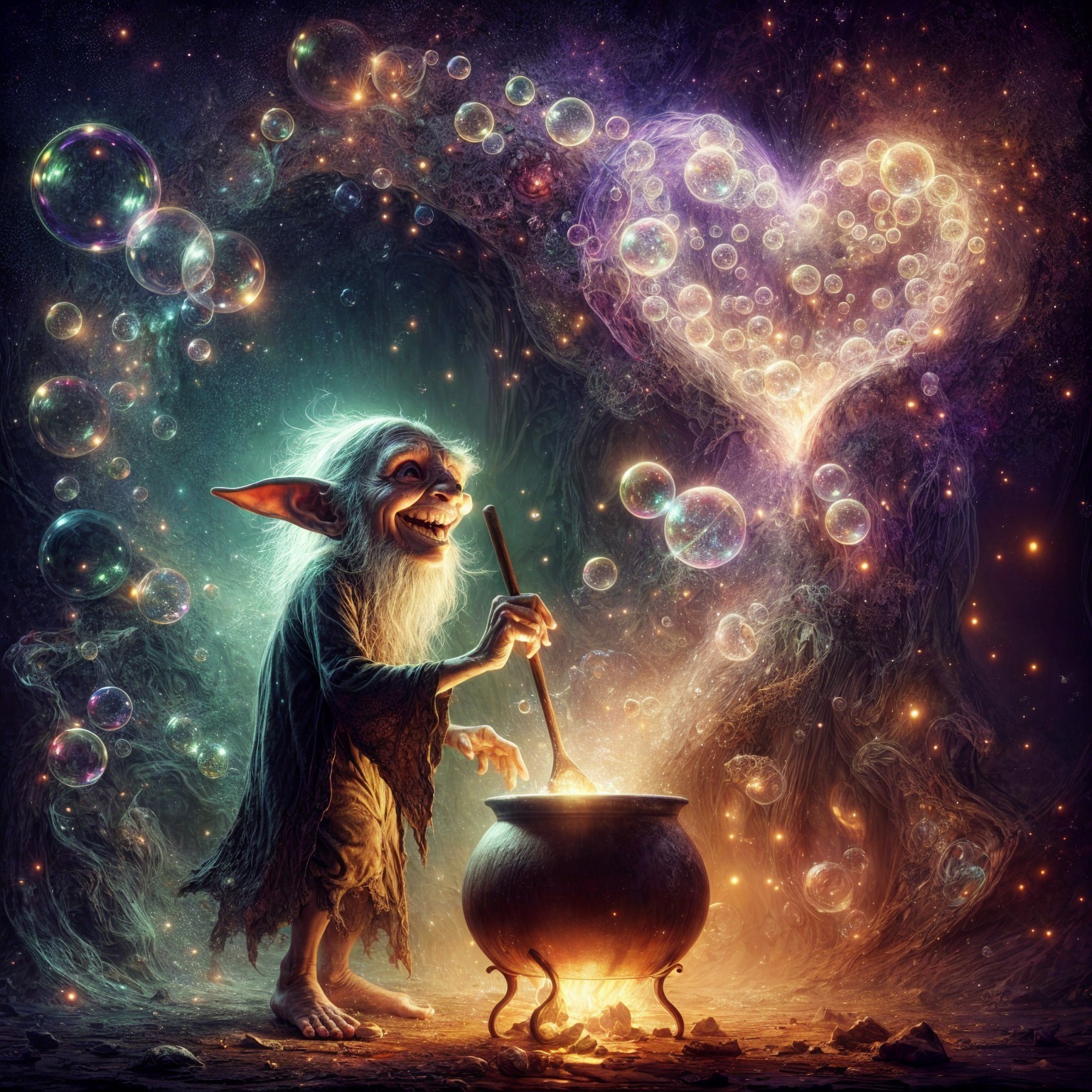 Whimsical Goblin by Cauldron in Enchanting Forest